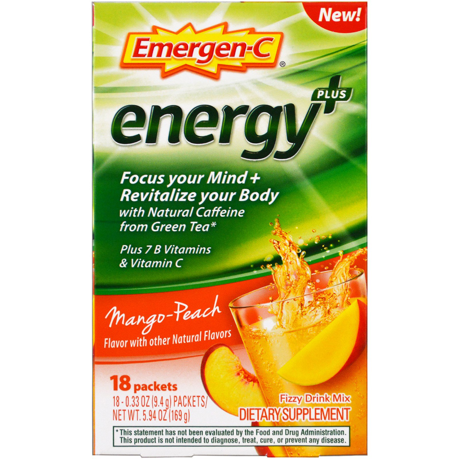 Emergen-C, Energy Plus, Pêssego e Manga, 18 Pacotes, 0,33 oz (9,4 g) Cada
