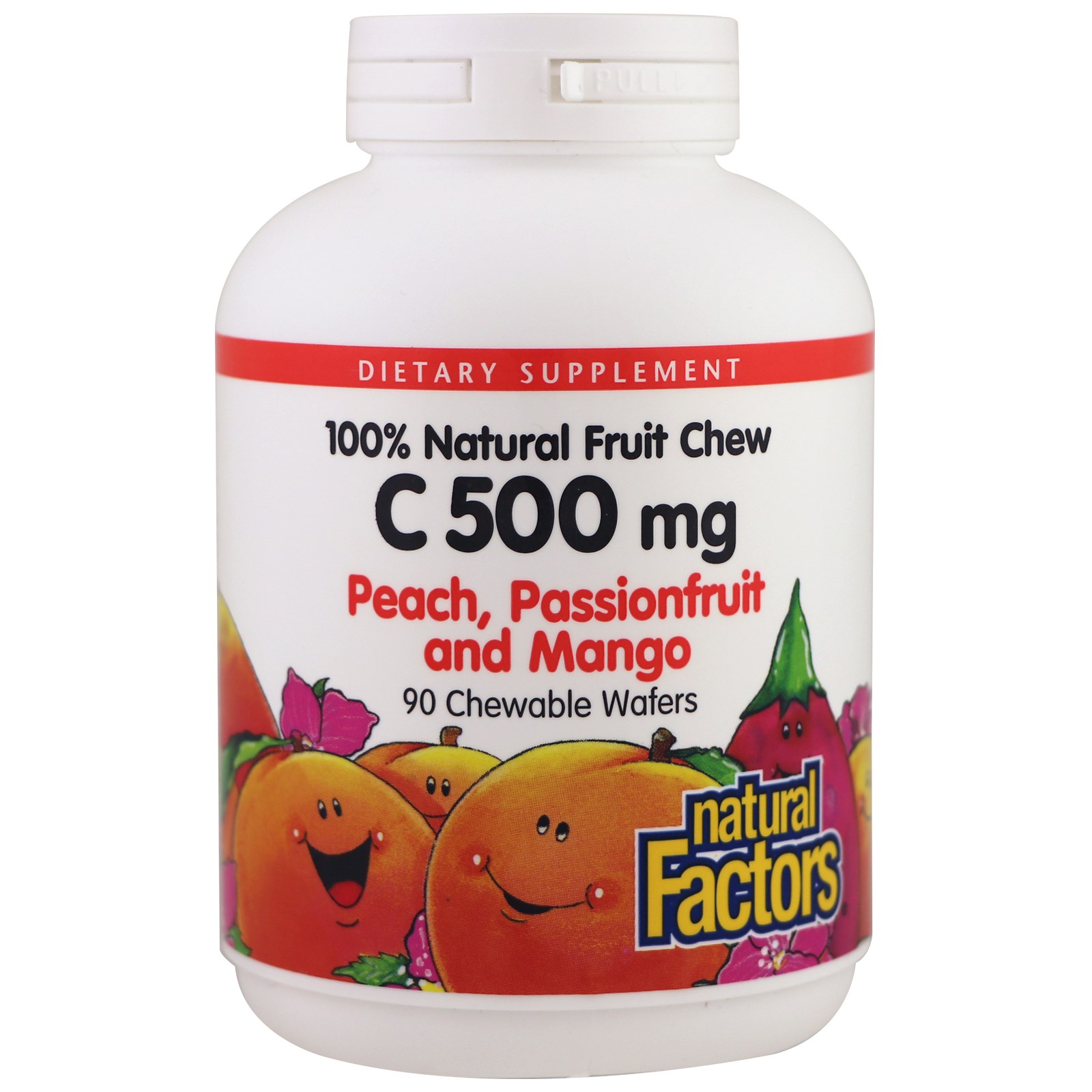 Natural Factors, Vitamina C, Pêssego, Maracujá e Manga, 500 mg, 90 Wafers Mastigáveis