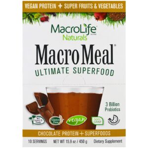Macrolife Naturals, Macro Meal Ultimate Superfood, proteína de chocolate + superalimentos, 10 pacotes, 450 g (15,9 onças)