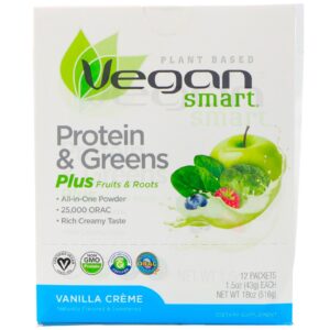 Vegan Smart, Pó Tudo-em-Um Proteínas e Verdes, Creme de Baunilha, 12 pacotinhos, 1.5 oz (43 g) cada