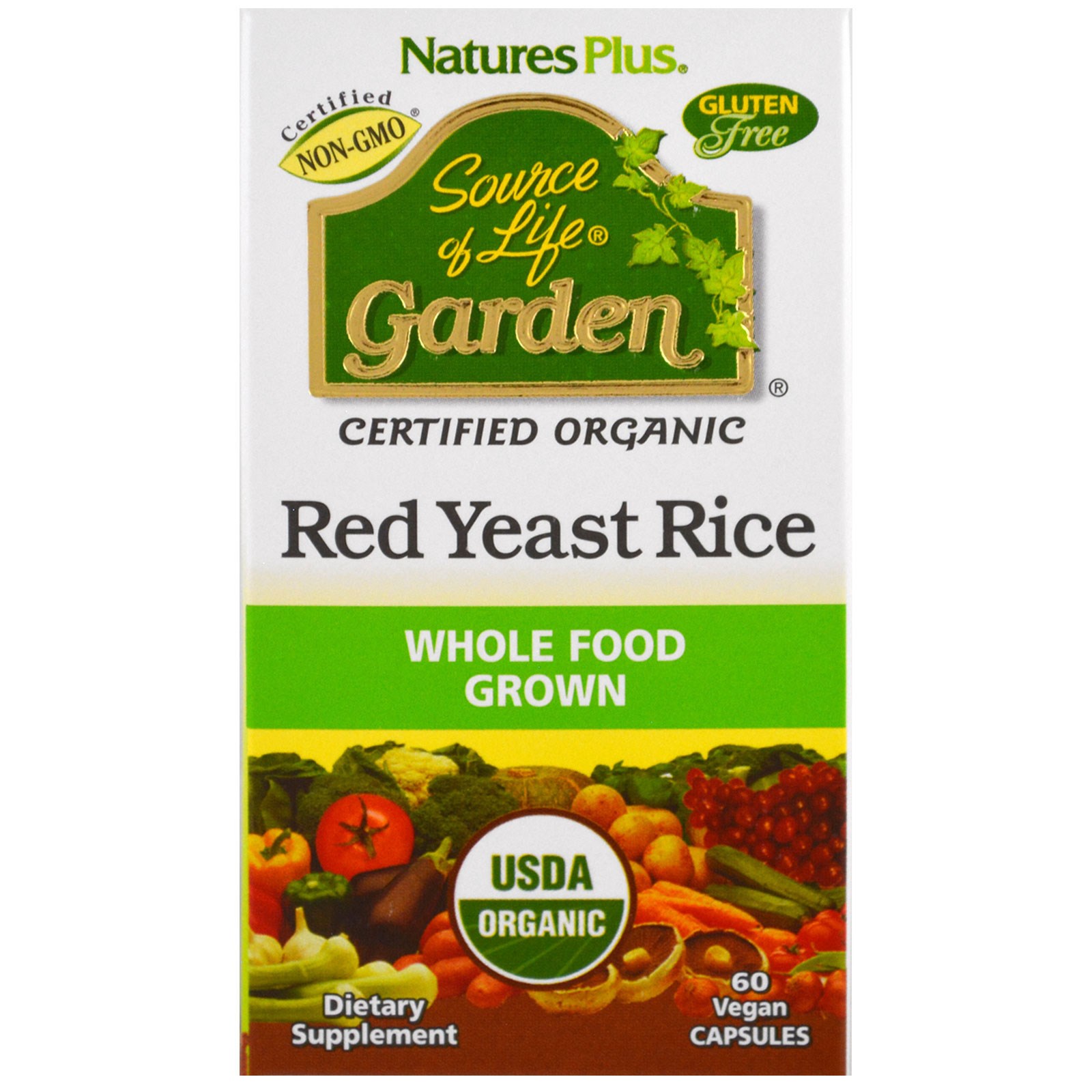 Nature's Plus, Source of Life Jardim, Arroz Fermentado Vermelho Orgânico, 60 Cápsulas Vegetarianas