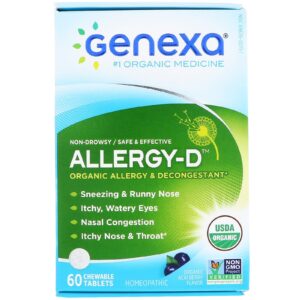 Genexa LLC, Allergy-D para adultos, alergênico e descongestionante orgânico, sabor açaí orgânico, 60 tabletes mastigáveis