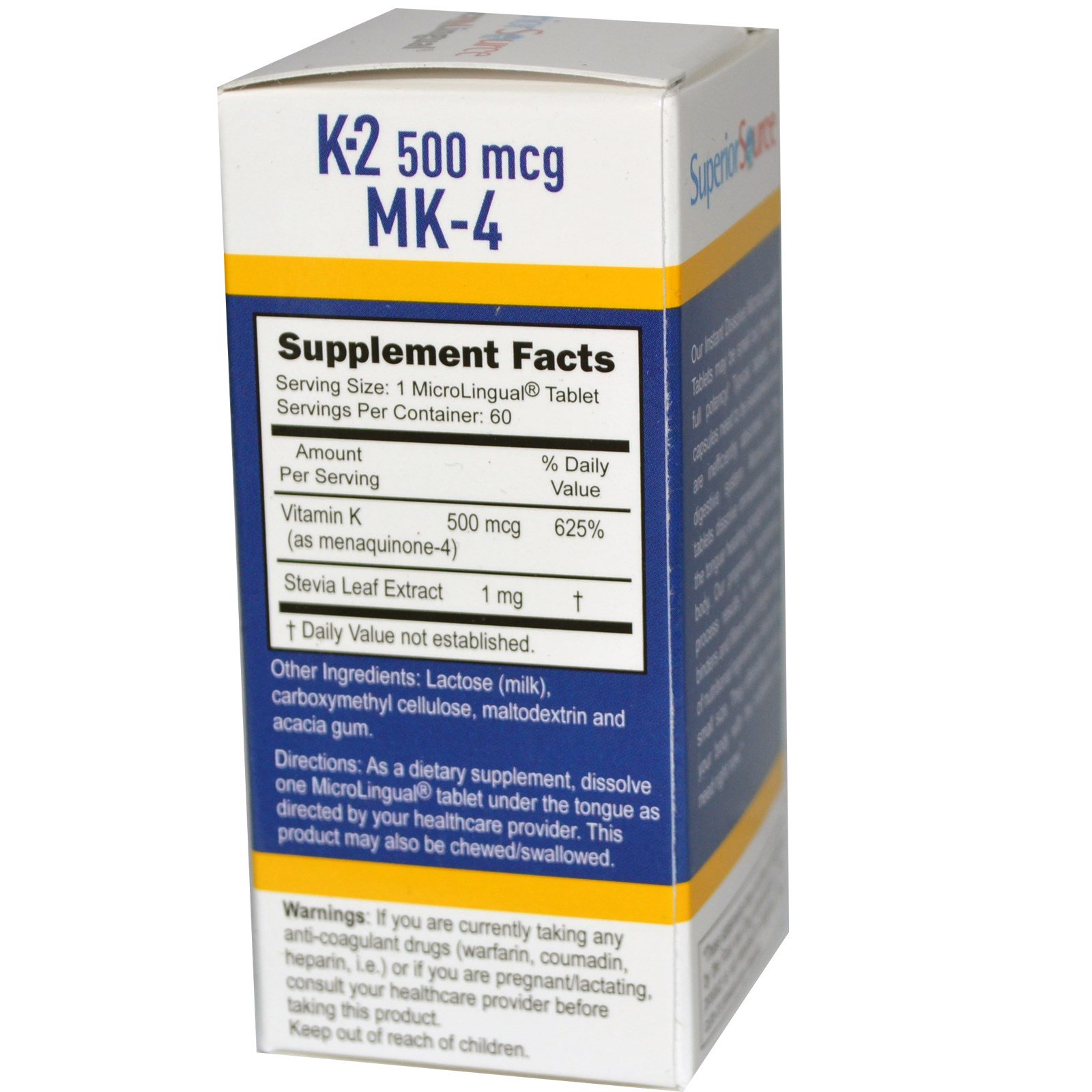 Superior Source, Vitamina K-2, 500 mcg, 60 comprimidos microlinguais solúveis instantâneos