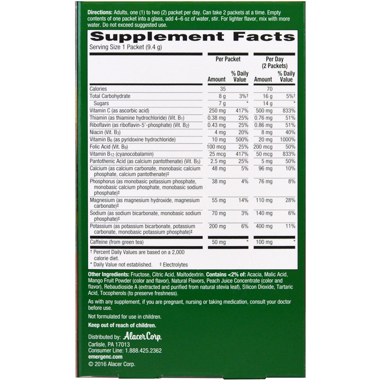 Emergen-C, Energy Plus, Pêssego e Manga, 18 Pacotes, 0,33 oz (9,4 g) Cada - Imagem 2