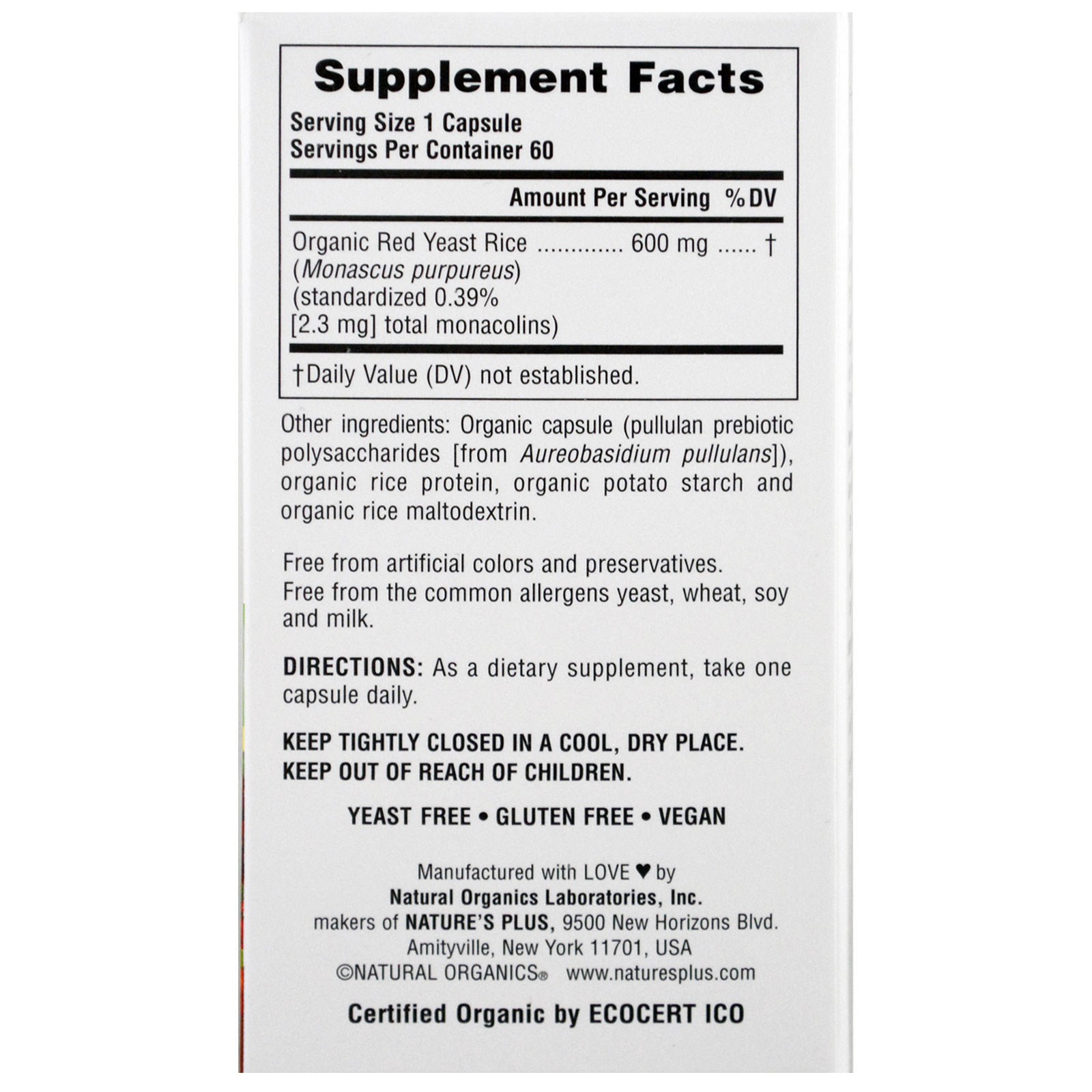 Nature's Plus, Source of Life Jardim, Arroz Fermentado Vermelho Orgânico, 60 Cápsulas Vegetarianas - Imagem 2