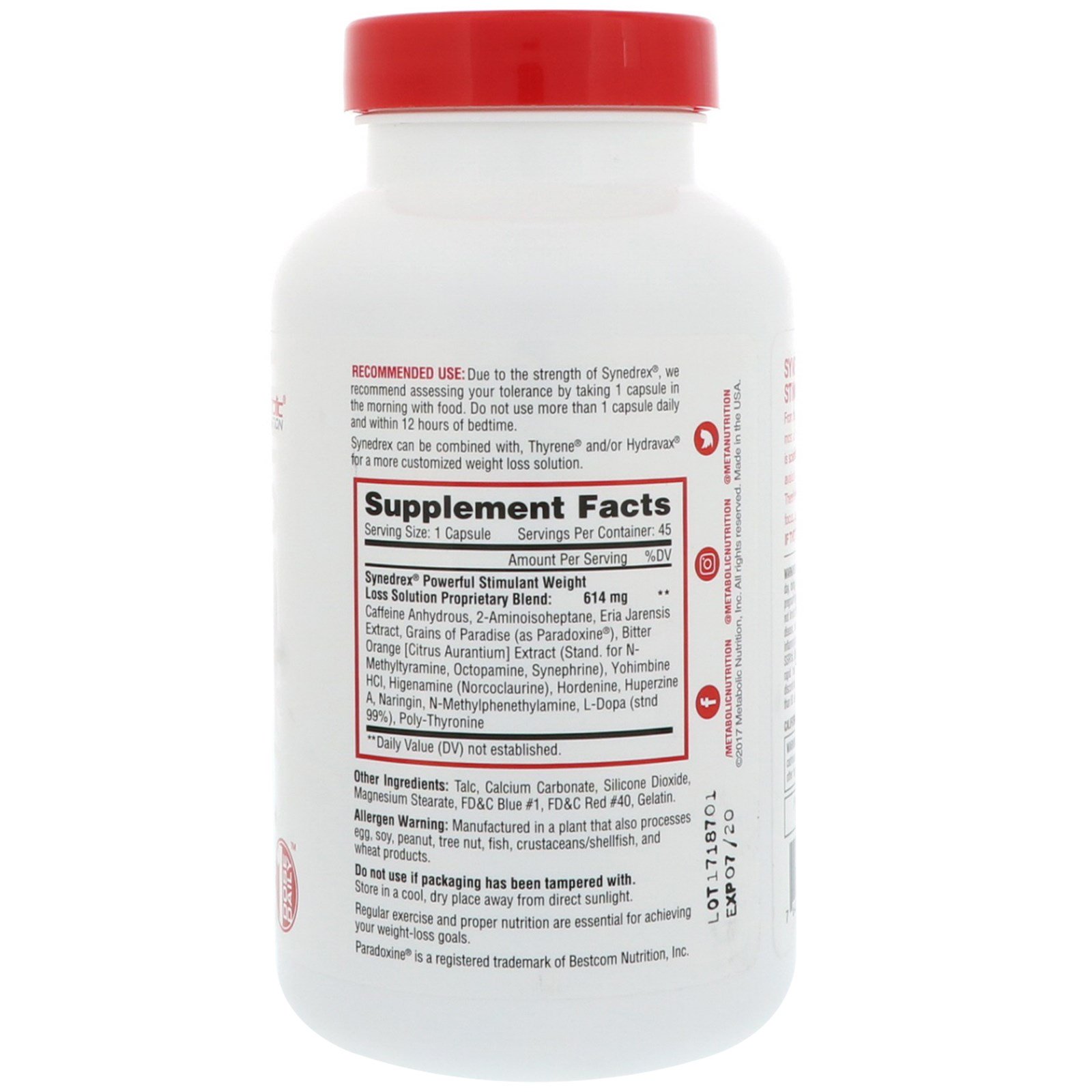 Metabolic Nutrition, SYNEDREX, Stimulant Weight Loss Solution, 45 Capsules - Imagem 2