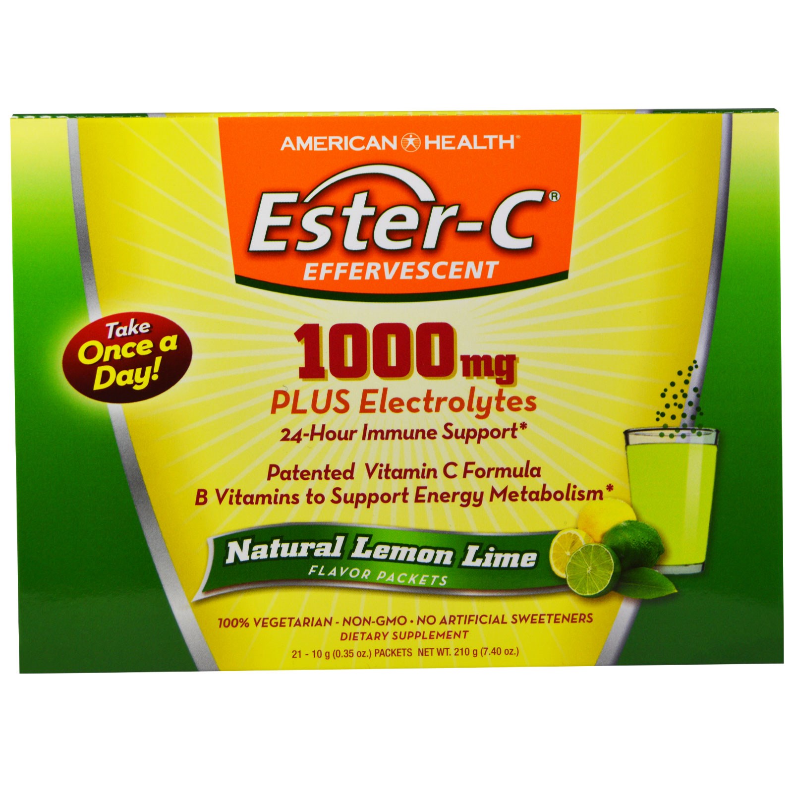 American Health, Éster-C efervescente, sabor natural lima limão, 1000 mg, 21 pacotes, 0,35 oz. (10 g) cada