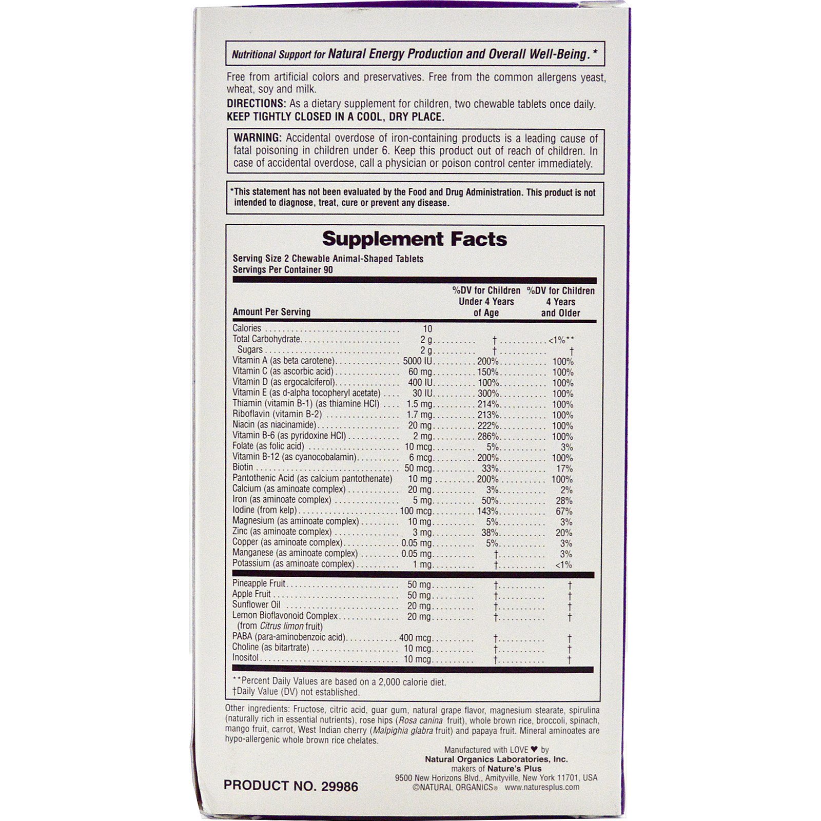 Nature's Plus, Suplemento multivitamínico e mineral mastigável para crianças, Sabor natural de uva, 180 bichinhos - Imagem 2