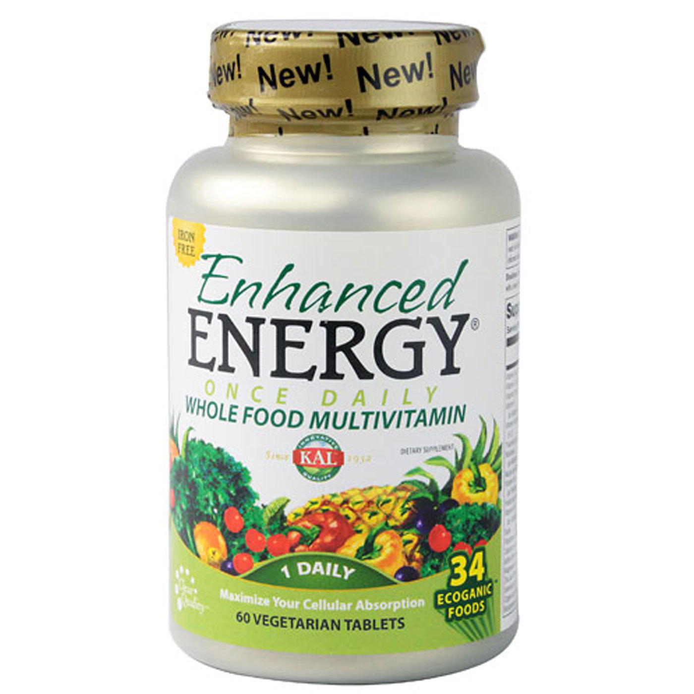 Kal Enhanced Energia Once Daily Whole Food Vitamina, Iron Free - 60 Vegetarian Tabletes