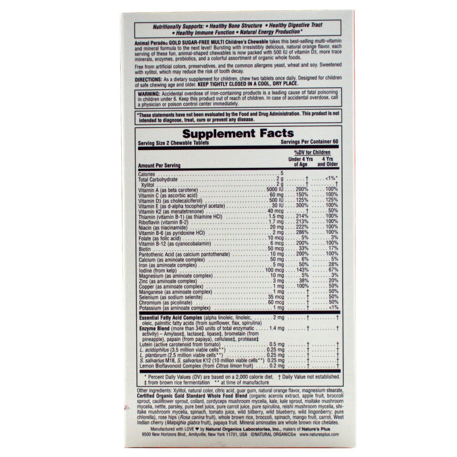 Nature's Plus, Fonte de Vida Desfile Animal, Ouro, Suplemento Multi-vitamínico e Mineral Mastigável para Crianças, Sabor Natural de Laranja 120 Animais - Imagem 2