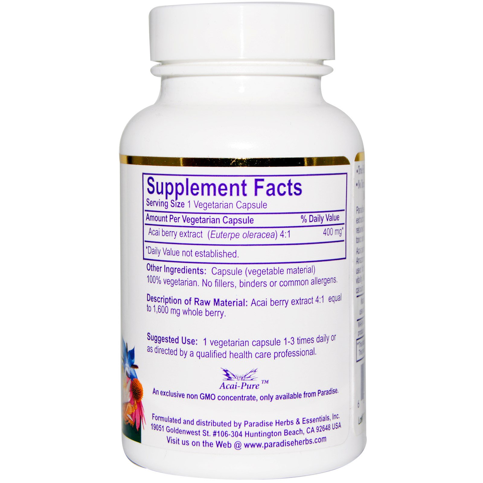 Paradise Herbs, Açaí, 60 Cápsulas Vegetais - Imagem 2