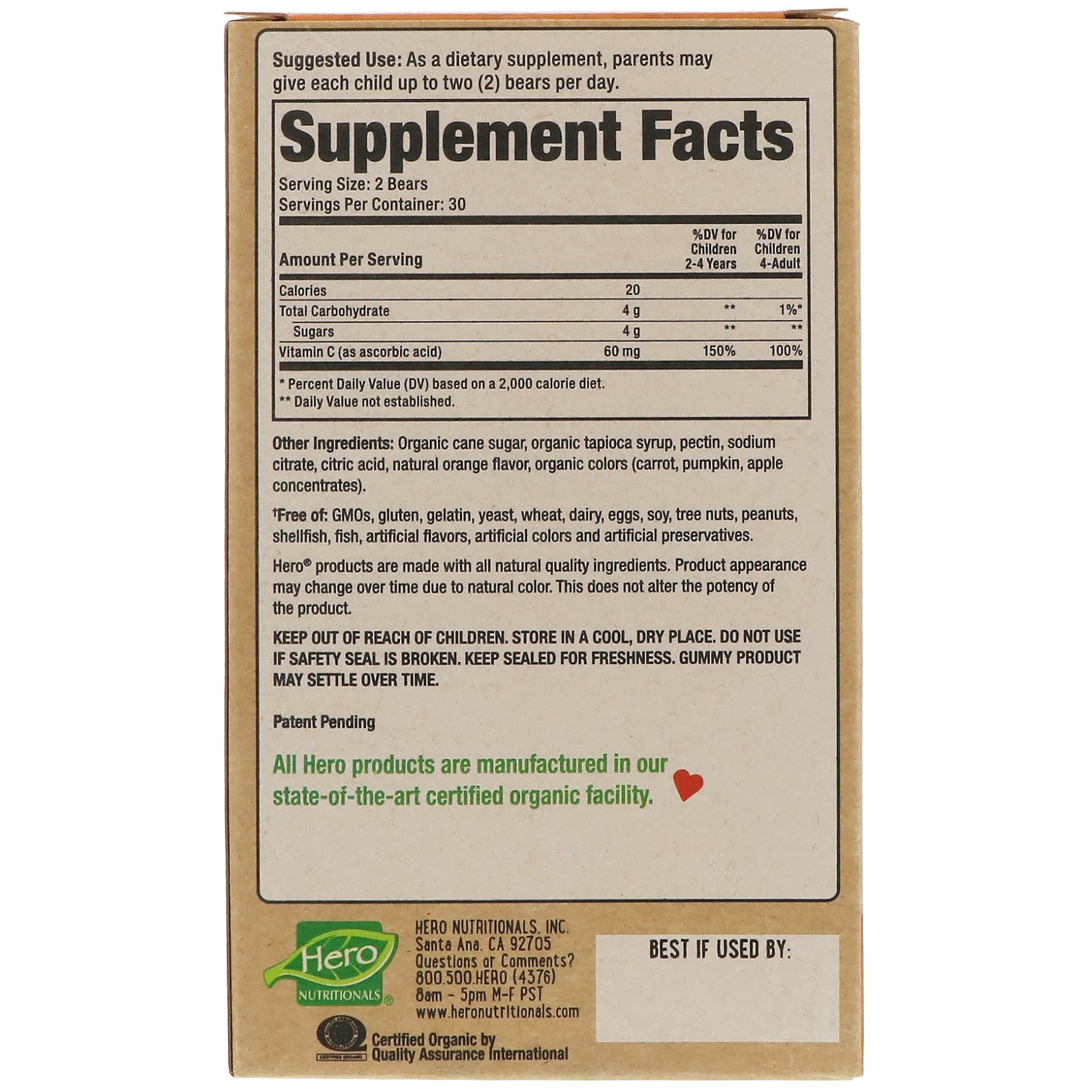 Hero Nutritional Products, Orgânicos Yummi Bear, Vitamina C, 60 Ursos de Goma - Imagem 2