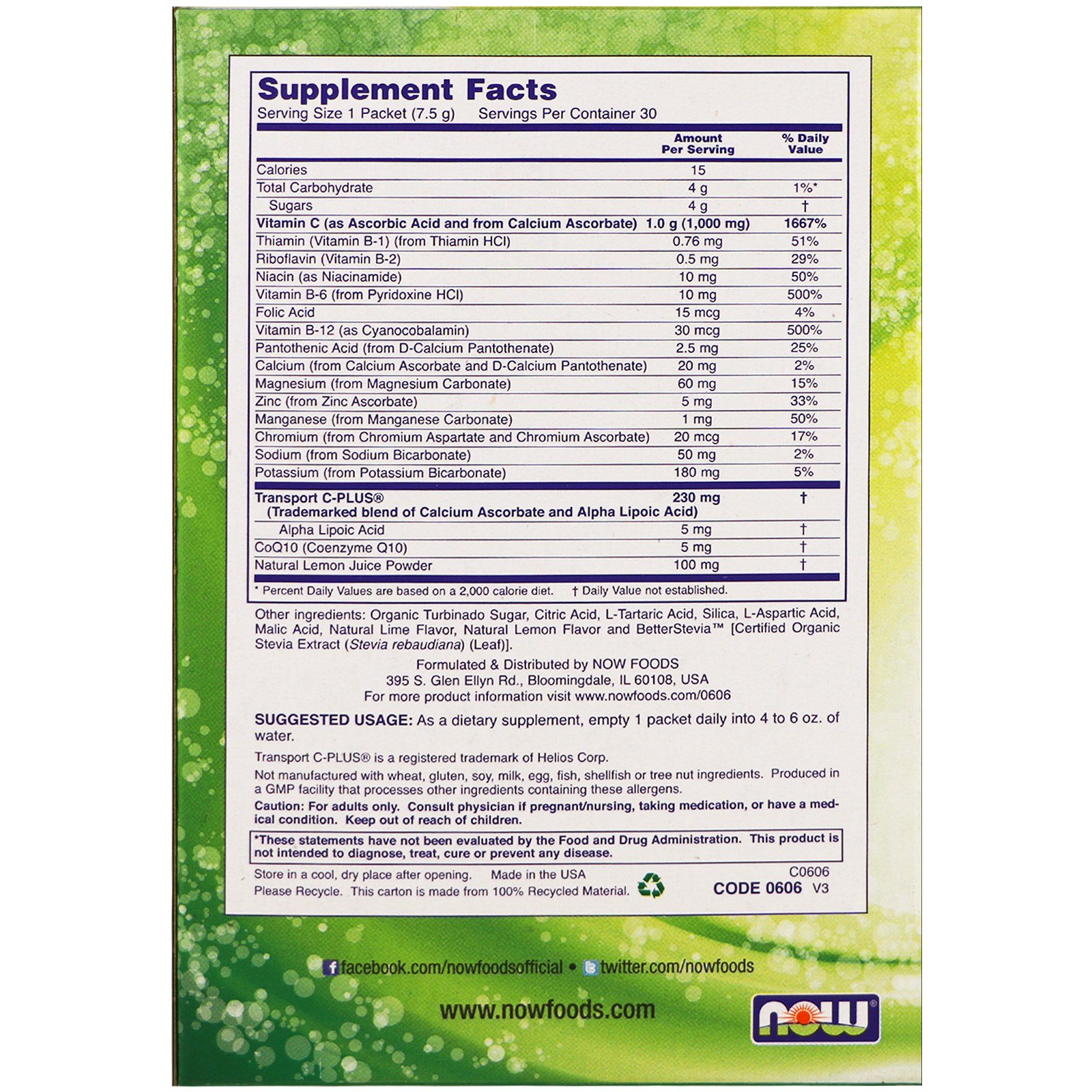 Now Foods, Effer-C, Effervescent Drink Mix, Lemon-Lime, 30 Packets, (7.5 g) Each - Imagem 2