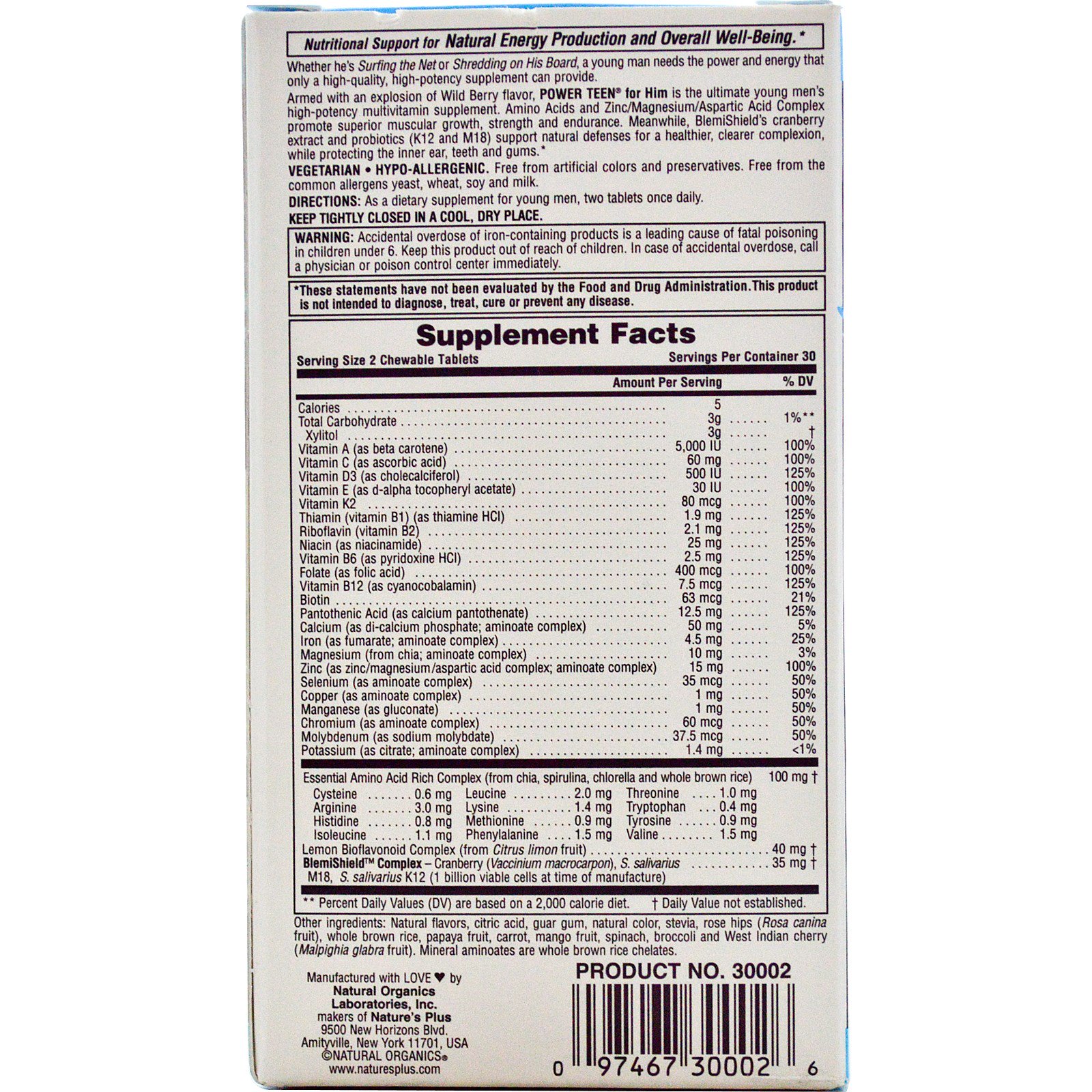 Nature's Plus, Source of Life, Power Teen, Para Homens, Sem Açúcar, Sabor Frutas Silvestres Naturais, 60 Comprimidos Mastigáveis - Imagem 2