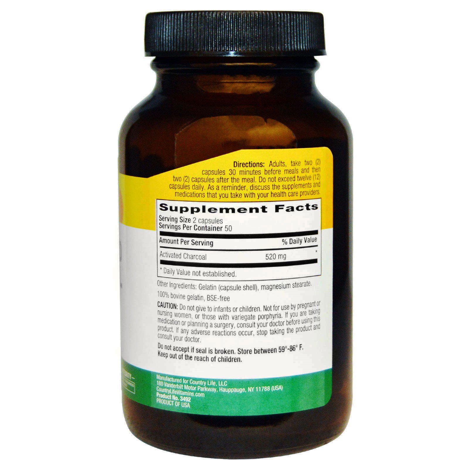 Country Life, Carvão Ativado, 260 mg (4 g), 100 Cápsulas - Imagem 2