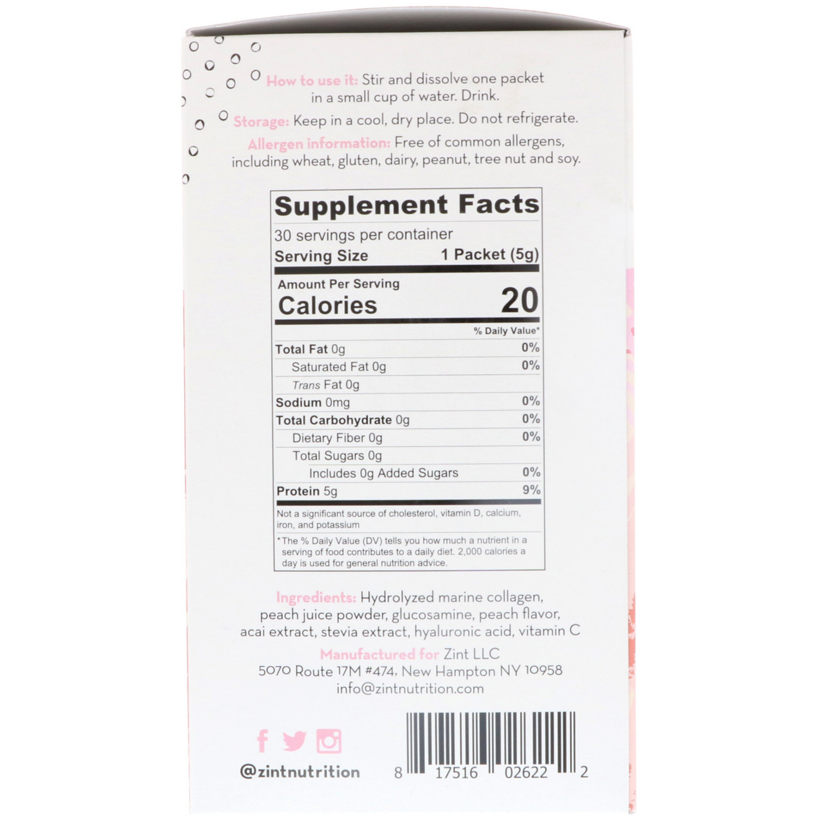 Z!NT, Peach Collagen +, 30 Individual Packets, 5 g Each - Imagem 2