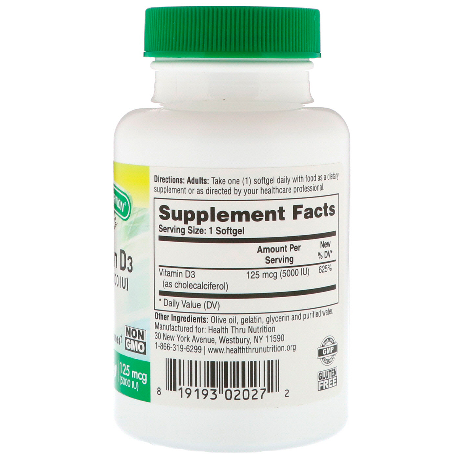 Health Thru Nutrition, Vitamin D3, 125 mcg (5000 IU), 100 Softgels - Imagem 2