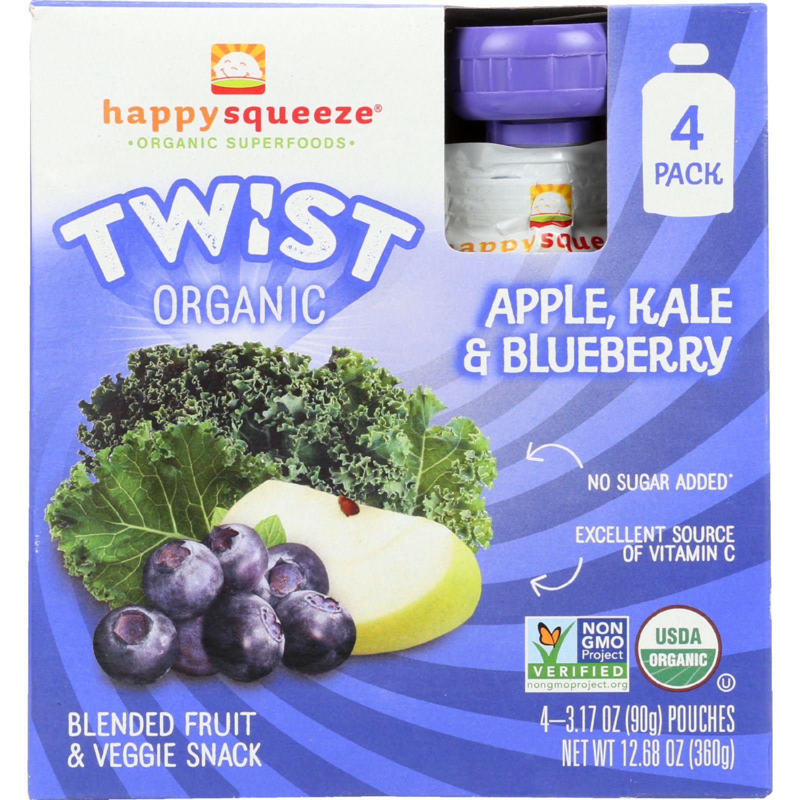 Happy Squeeze Fruit And Veggie Snack - Organic - Blended - Twist - Apple Kale And Blueberry - 4/3.17 Oz - Case Of 4