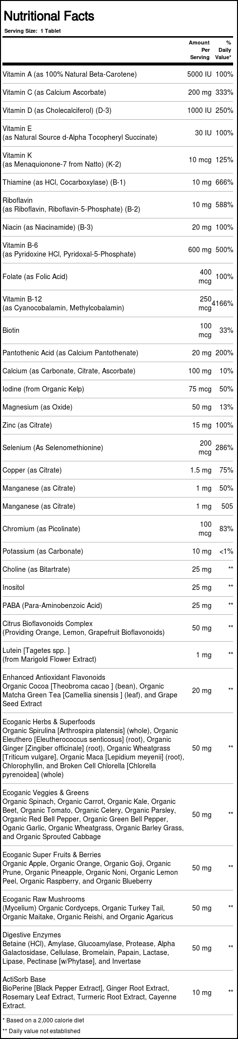 Kal Enhanced Energia Once Daily Whole Food Vitamina, Iron Free - 60 Vegetarian Tabletes - Imagem 2