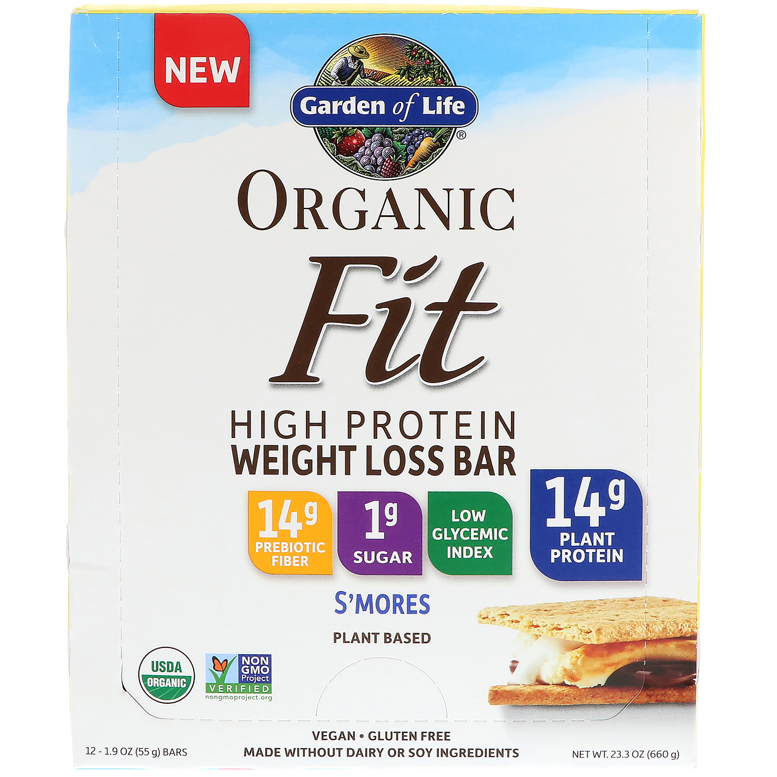 Garden of Life, Fit Orgânico, Barrinha para Perda de Peso Rica em Proteína, S'mores, 12 Barrinhas, 1,9 oz (55 g) Cada