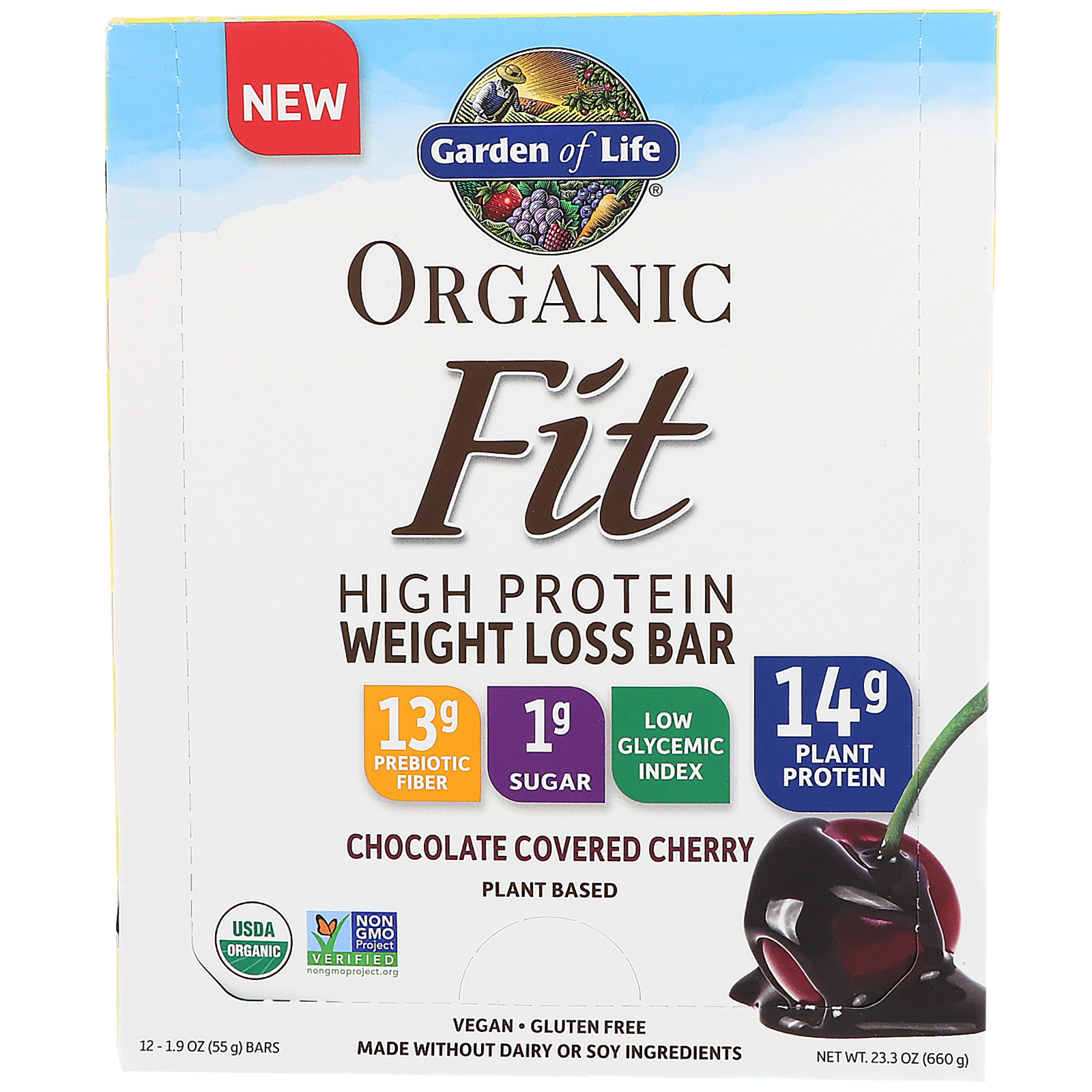 Garden of Life, Organic Fit, Barra com Alto Teor Proteico para Perda de Peso, Cereja com Cobertura de Chocolate, 12 Barras, 55 g (1,9 oz) Cada