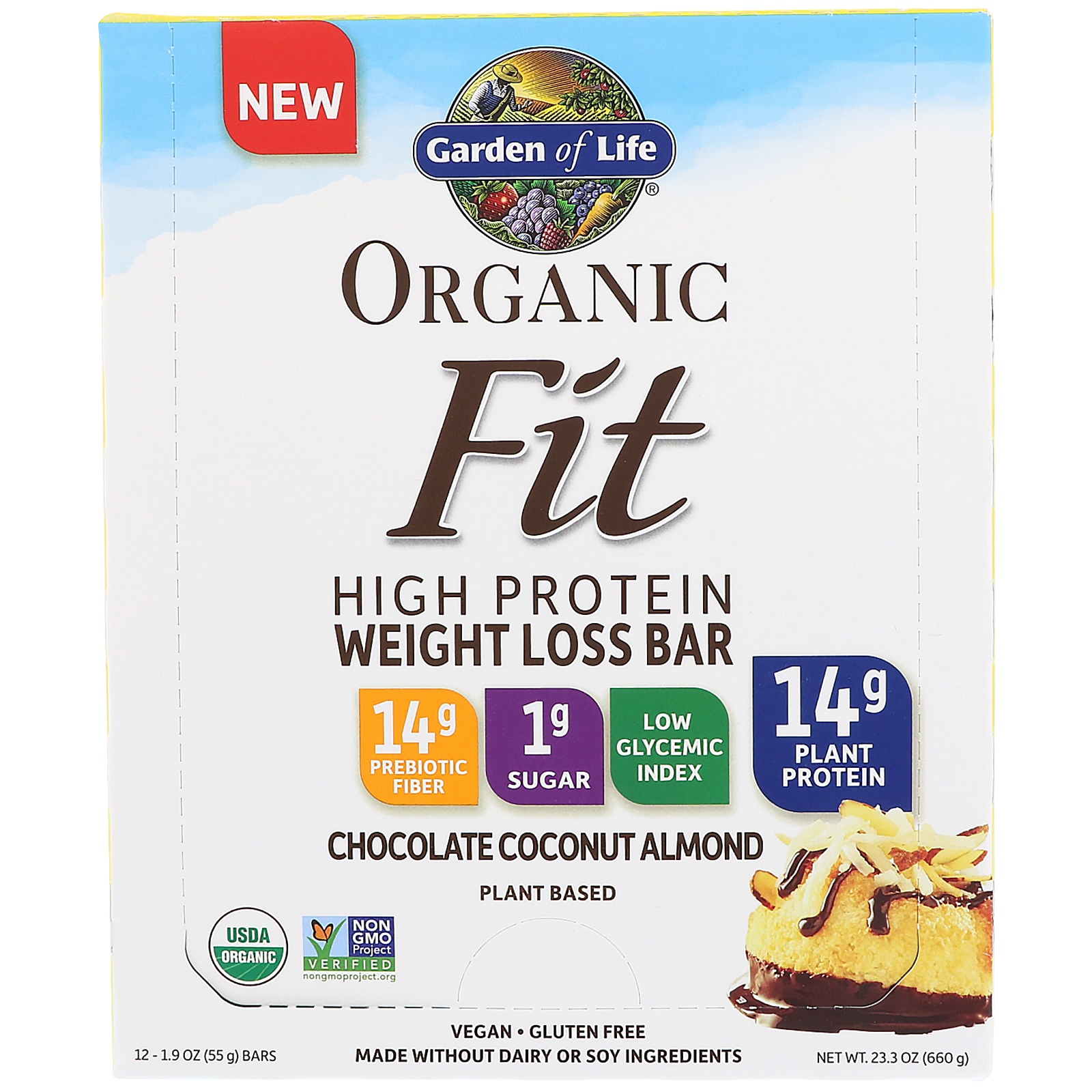 Garden of Life, Organic Fit, Barra com Alto Teor Proteico para Perda de Peso, Sabor Chocolate, Coco e Amêndoa, 12 Barras, 55 g (1,9 oz) Cada