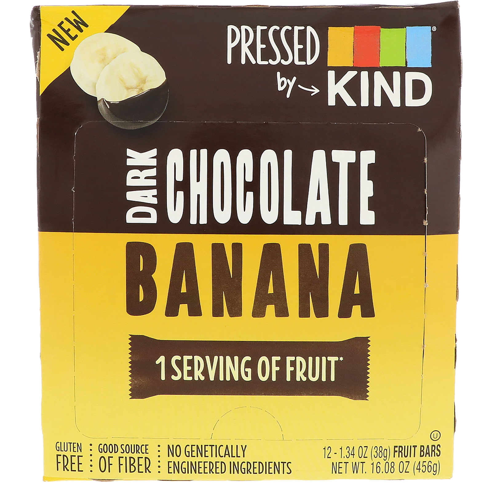 KIND Bars, Pressed by KIND, Banana e Chocolate Amargo, 12 Barra de Frutas, 1,35 oz (38 g) Cada