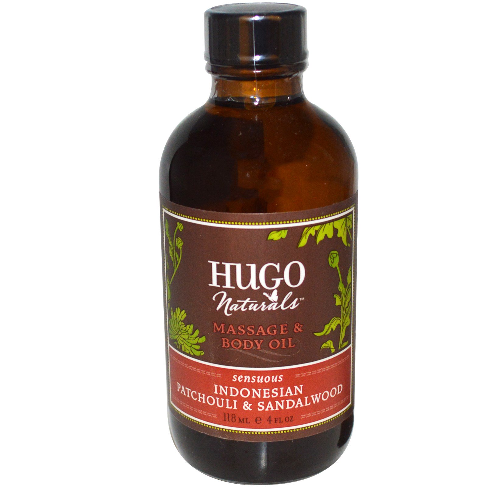 Hugo Naturals, Óleo Corporal e Massageador, Patchouli Indonésio e Sândalo, 118 ml (4 oz)
