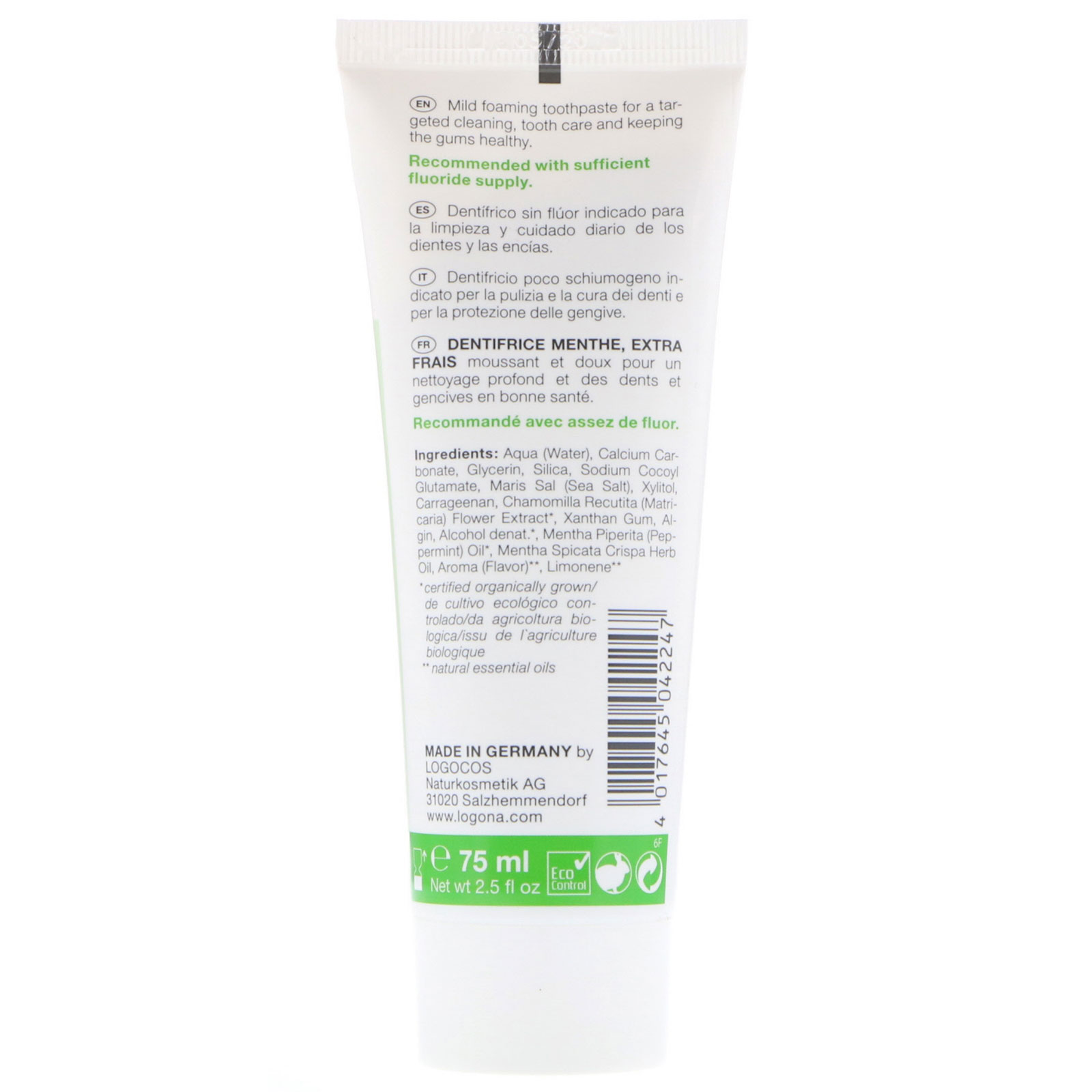 Logona Naturkosmetik, Extra Fresh Daily Care Peppermint Toothpaste, 2.5 fl oz (75 ml) - Imagem 2