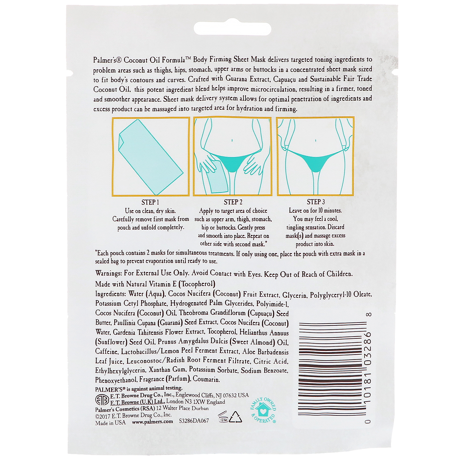 Palmer's, Coconut Oil, Body Firming Sheet Mask, 2 Sheet Masks, 0.84 fl oz (25 ml) - Imagem 2