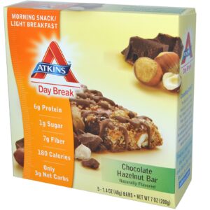Atkins, De manhã, lanche matinal / Café da manhã leve, Barra de chocolate e avelã, 5 barras, 40 g cada