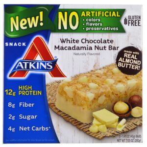 Atkins, Barra de noz de macadâmia com chocolate branco, 5 barras, 1,41 oz (40 g) Cada