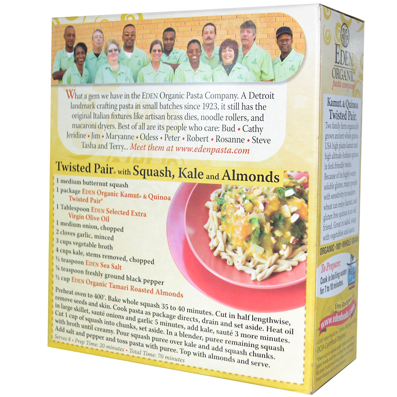 Eden Foods, Pasta Orgânica Temperada, Kamut & Quinoa, Pares Enrolados, 12 oz (340 g)