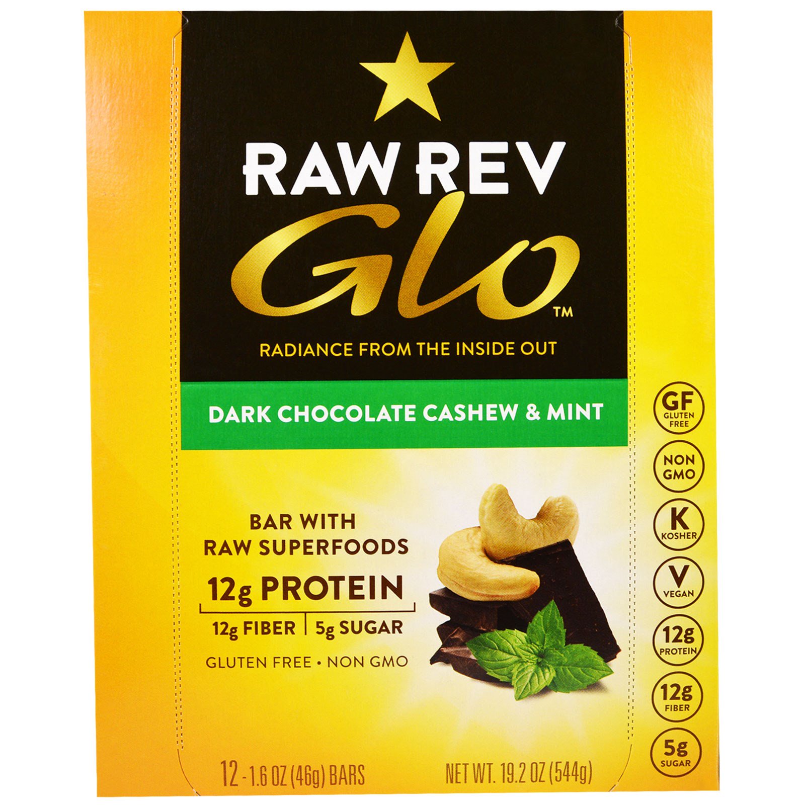 Raw Revolution, Glo, Chocolate Meio-Amargo, Castanha de Caju e Menta, 12 Barras, 1,6 oz (46 g) cada