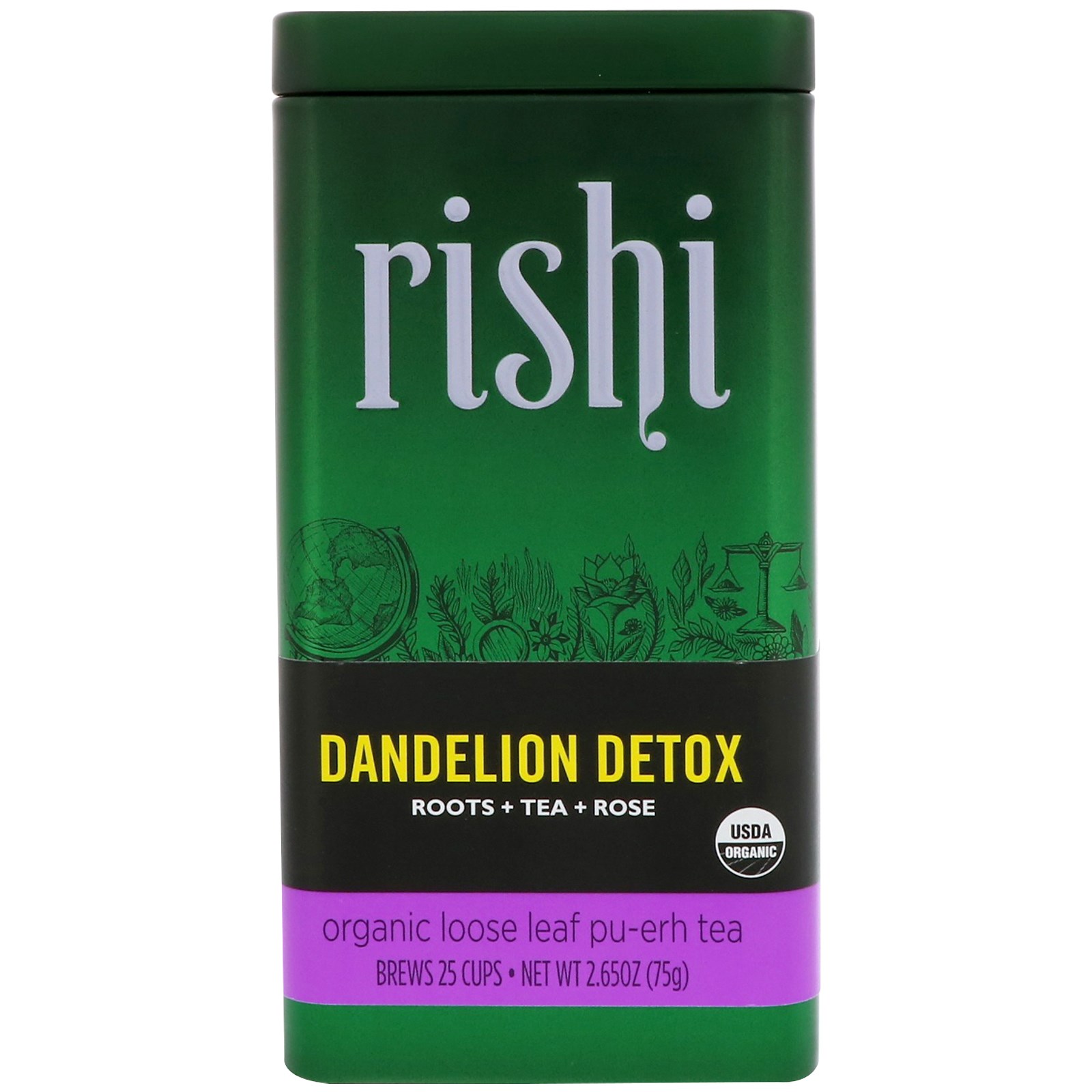 Rishi Tea, Chá Pu-Erh de folhas soltas orgânico, Dente-de-leão Detox, 2.65 oz (75 g)