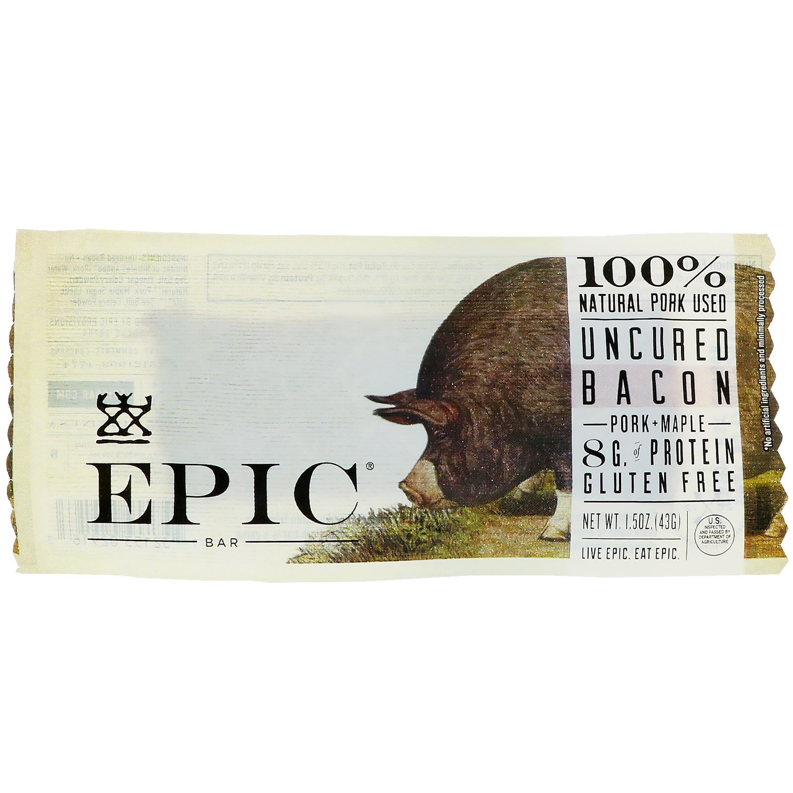 Epic Bar, Bacon Não Curado, Barra de Carne de Porco + Bordo, 12 Barras, 43 g Cada