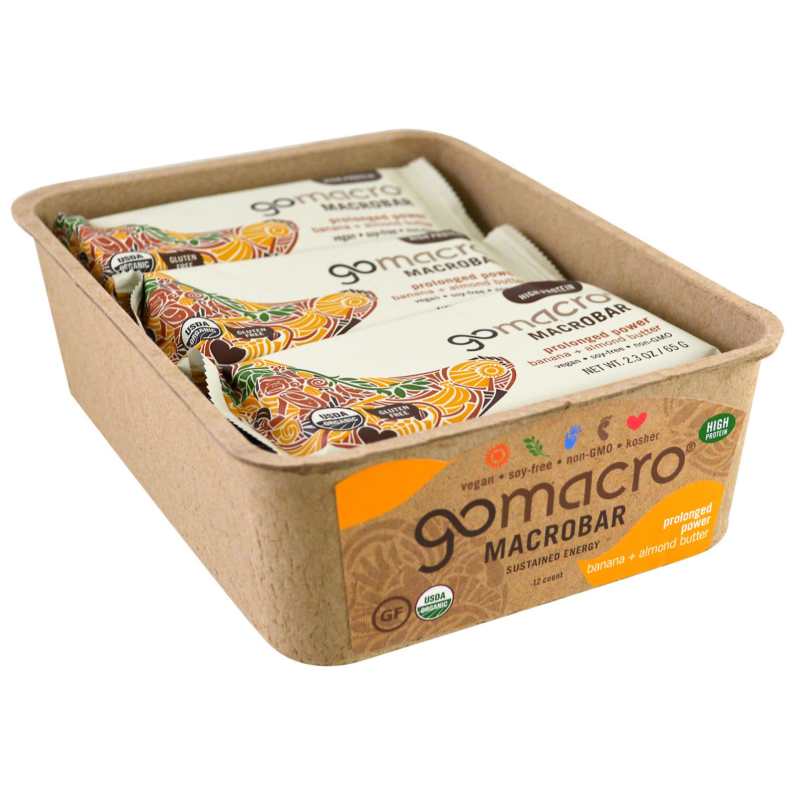 GoMacro, Macrobarra, Energia Prolongada, Banana + Manteiga de Amêndoas, 12 Barras, 2,3 oz (65 g) Cada