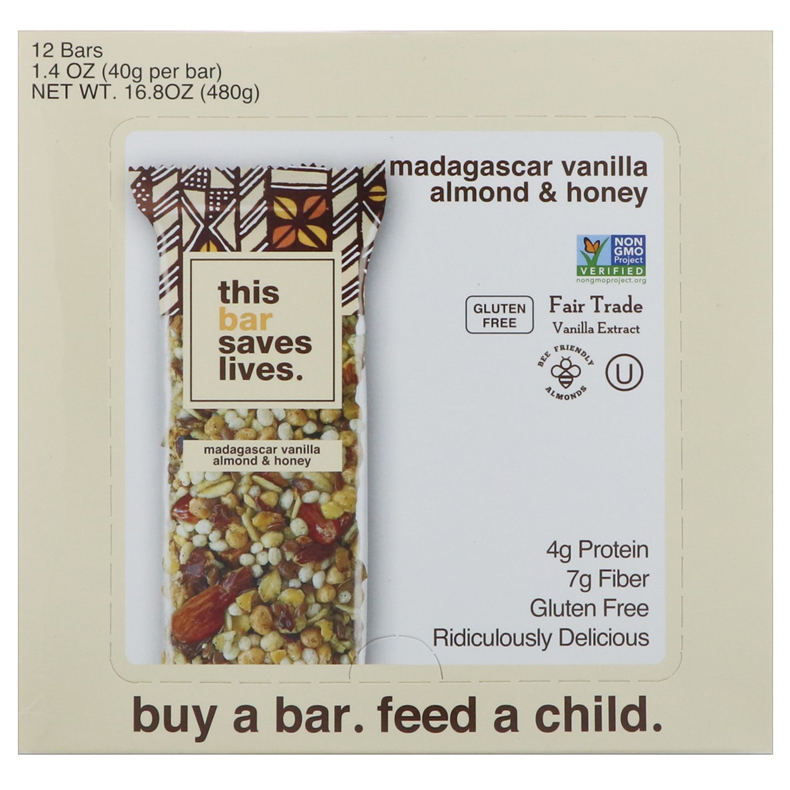 This Bar Saves Lives, LLC, Baunilha de Madagascar, Amêndoa e Mel, 12 Barras, 1,4 oz (40 g) Cada