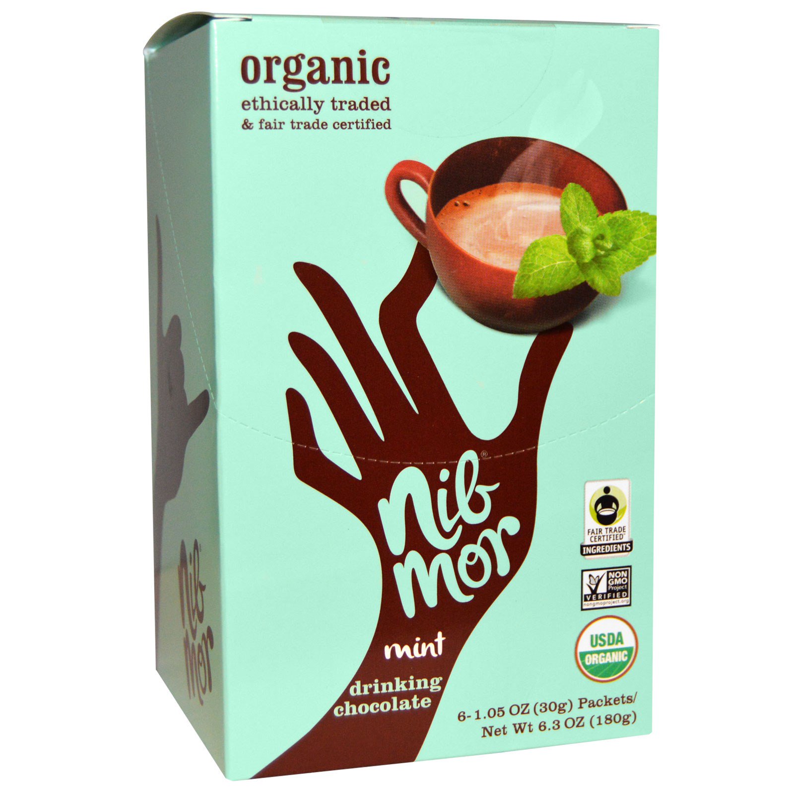 Nibmor, Chocolate Com Menta Orgânico Em Pó Para Bebidas, 6 Sachês, 1,05 oz (30 g) Cada