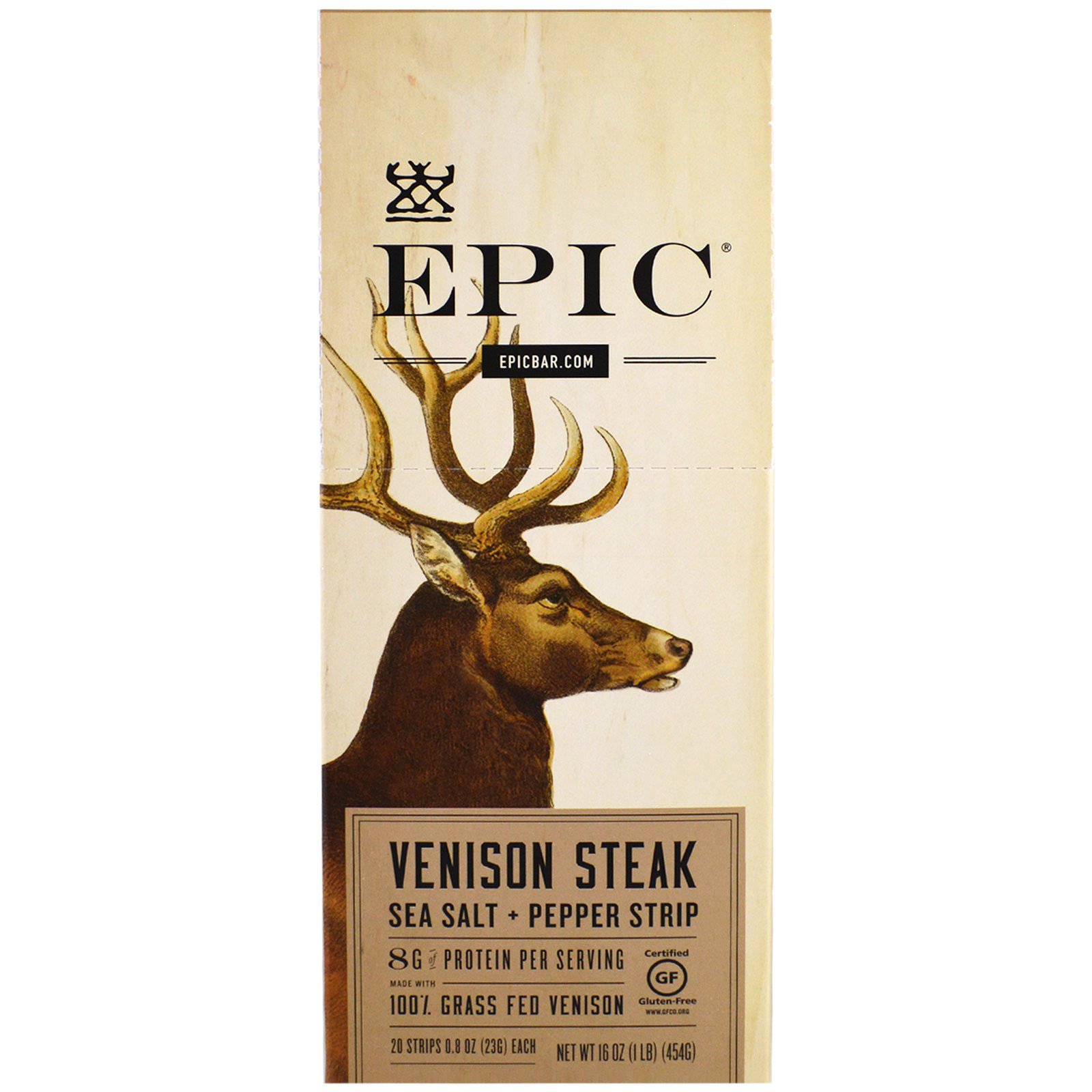 Epic Bar, Tirinha de Carne de Veado com Sal Marinho e Pimenta, 20 Tirinhas, 23 g Cada
