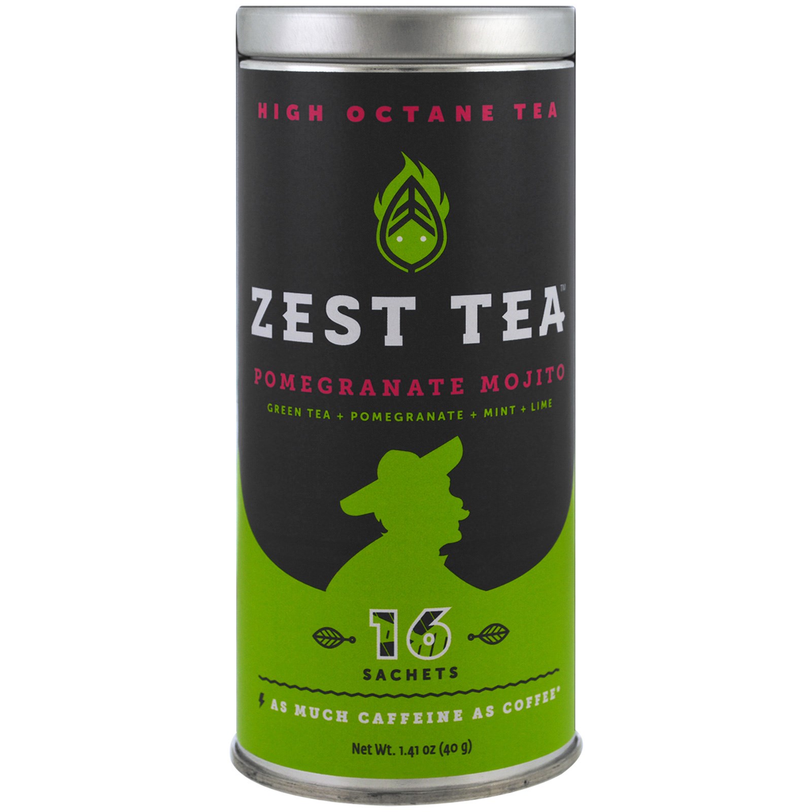 Zest Tea LLZ, Chá com Alto Teor de Octanos, Mojito de Romã, 16 Saquinhos, 40 g (1,41 oz)