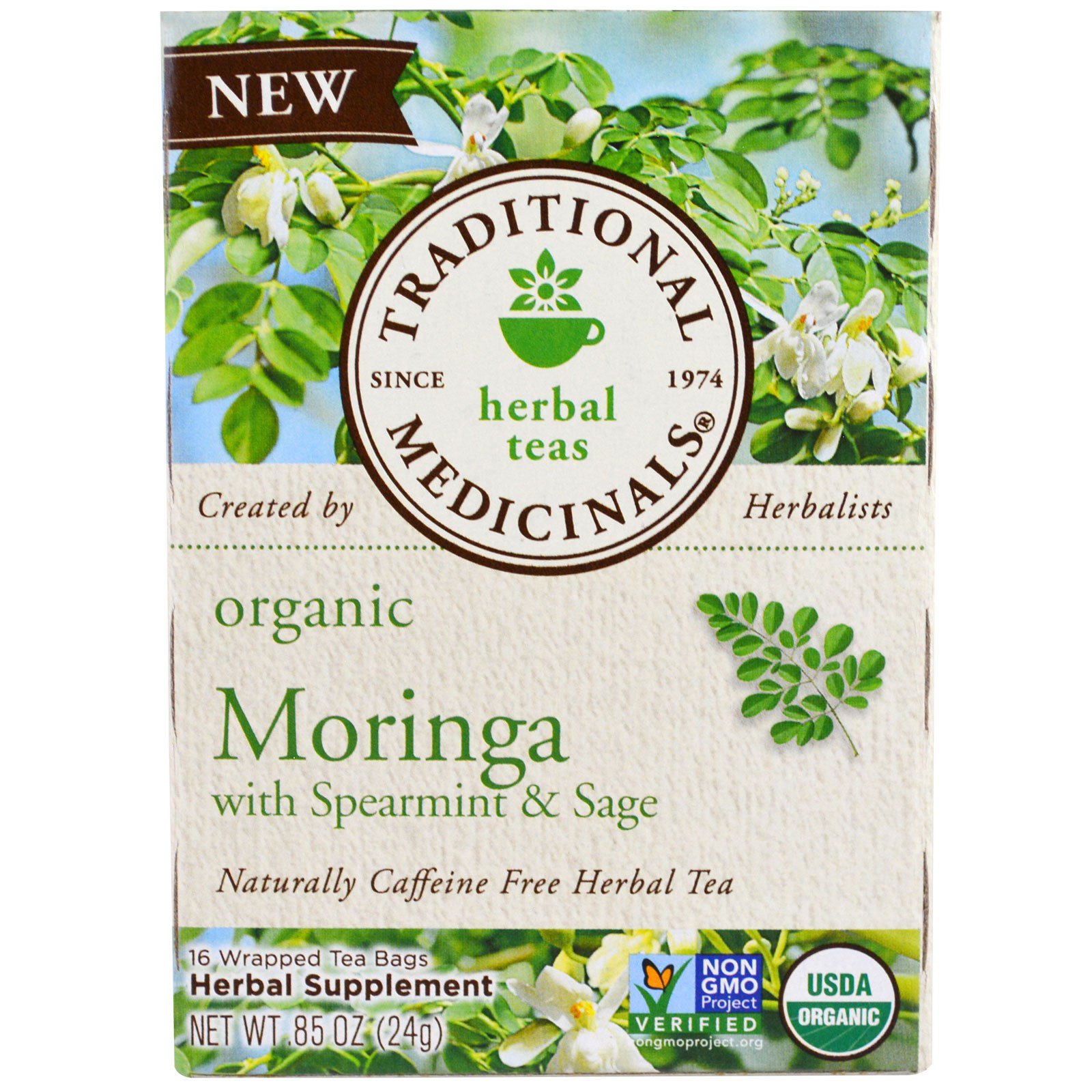 Traditional Medicinals, Moringa orgânica com hortelã e sálvia, 16 saquinhos de chá embalados, 86 oz (24 g)