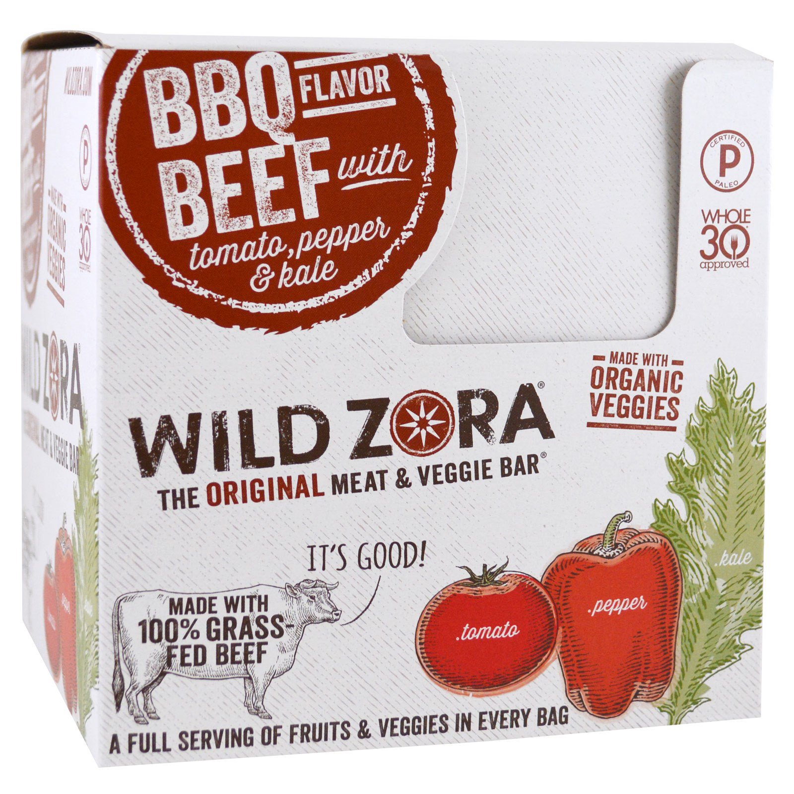 Wild Zora Foods LLC, Barra de Carne e Vegetais, Churrasco com Tomate, Pimentão e Couve, 10 Pacotes, 1,1 oz (31 g) Cada