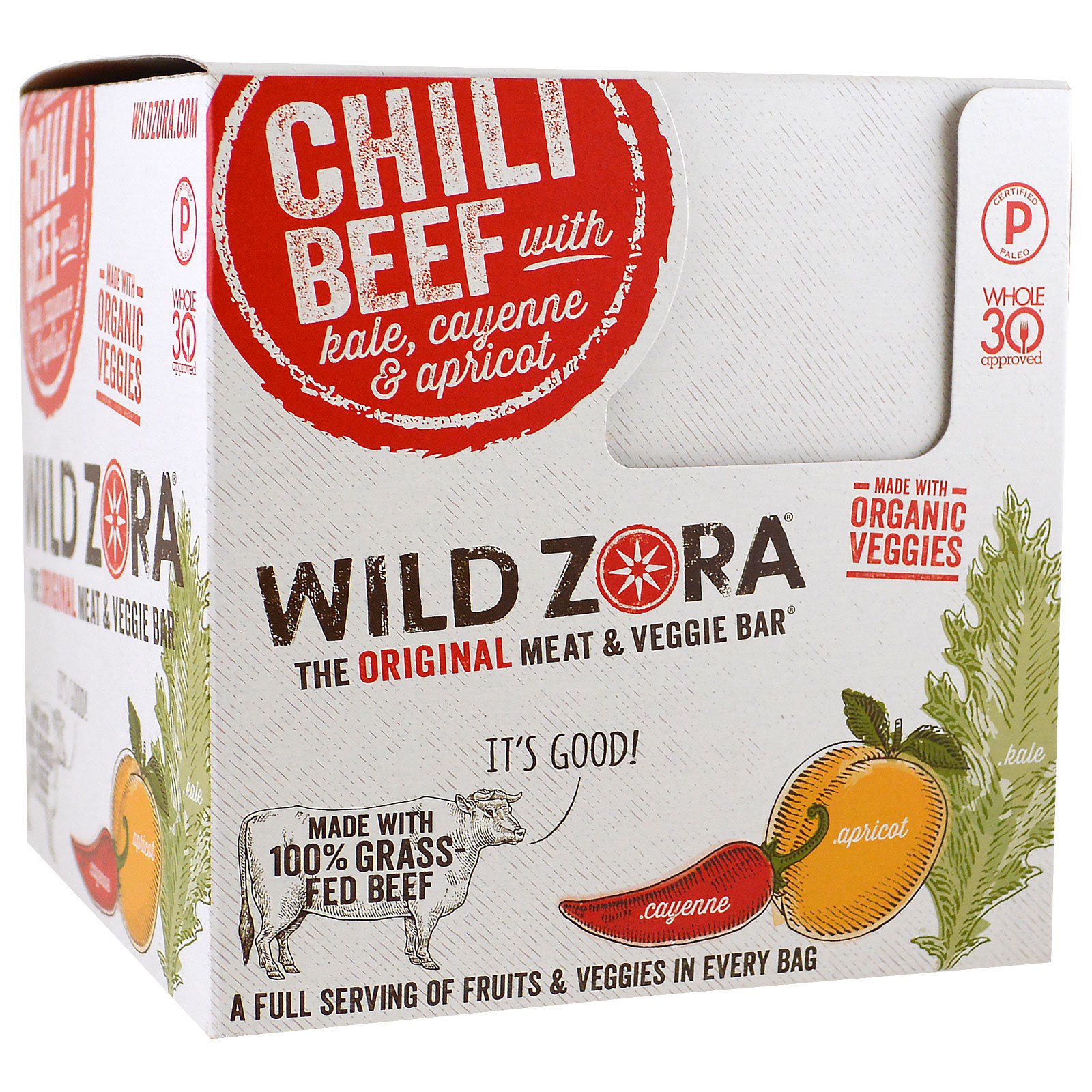 Wild Zora Foods LLC, Barra vegetariana e de carne, Carne picante com couve, Caiena e damasco, 10 Embalagens, 1,1 oz (31 g) Cada