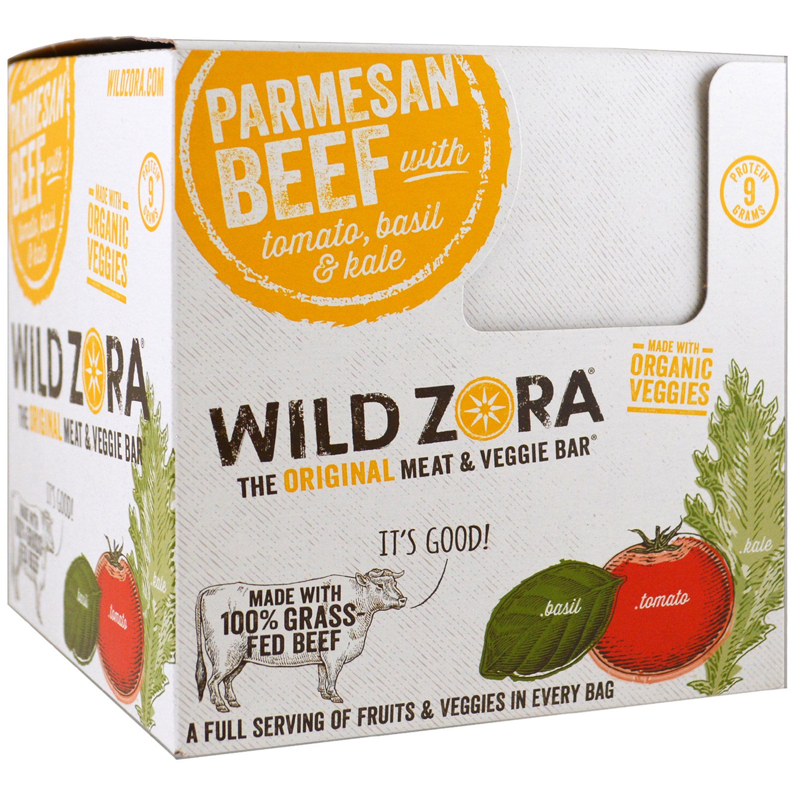 Wild Zora Foods LLC, Parmesan Beef with Tomato, Basil & Kale, Veggie and Meat Bars, 10 Packs, 1.0 oz (28 g)
