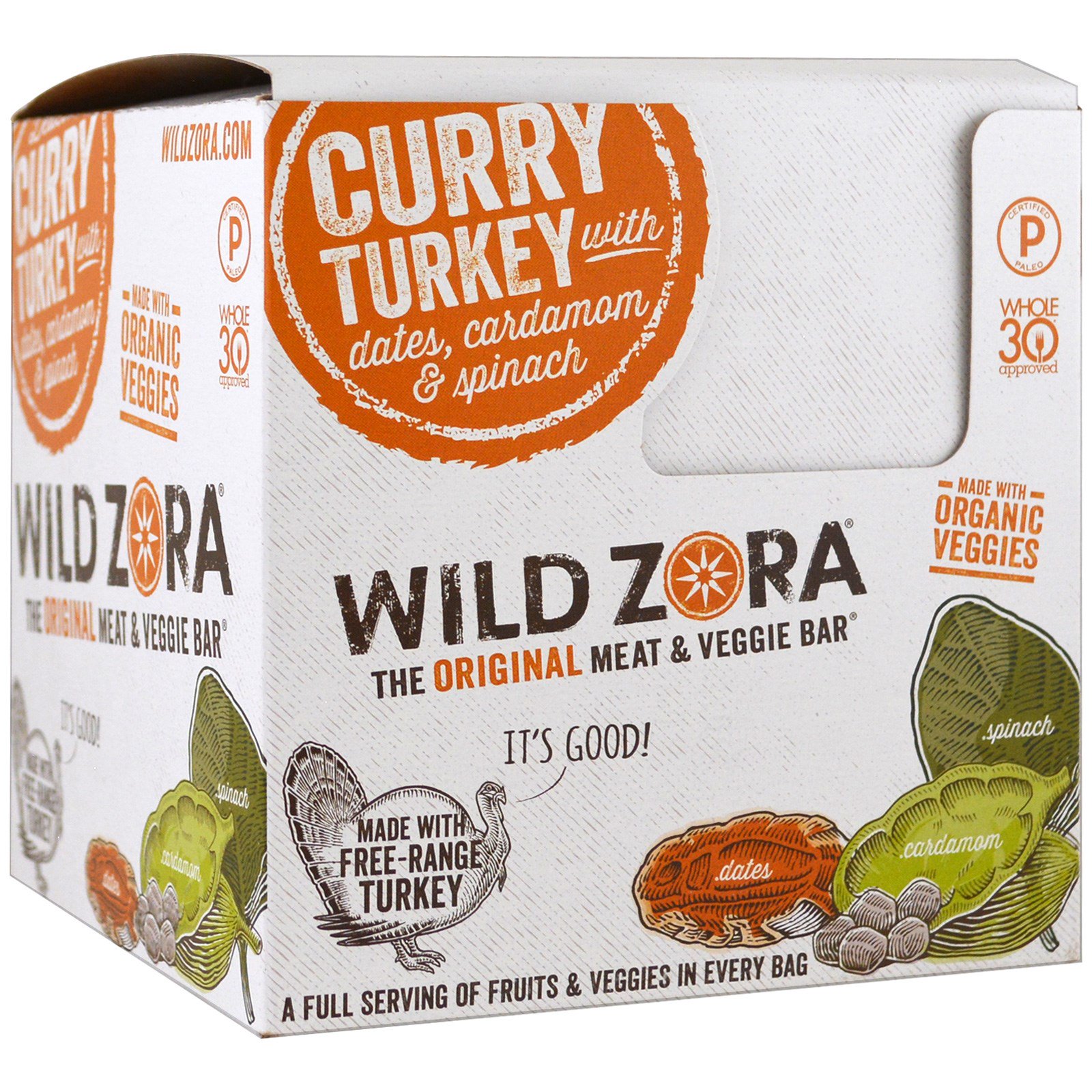 Wild Zora Foods LLC, Barra de Carne e Vegetais, Peru ao Curry com Tâmaras, Cardamomo e Espinafre, 10 Pacotes, 28 g (1 oz) Cada
