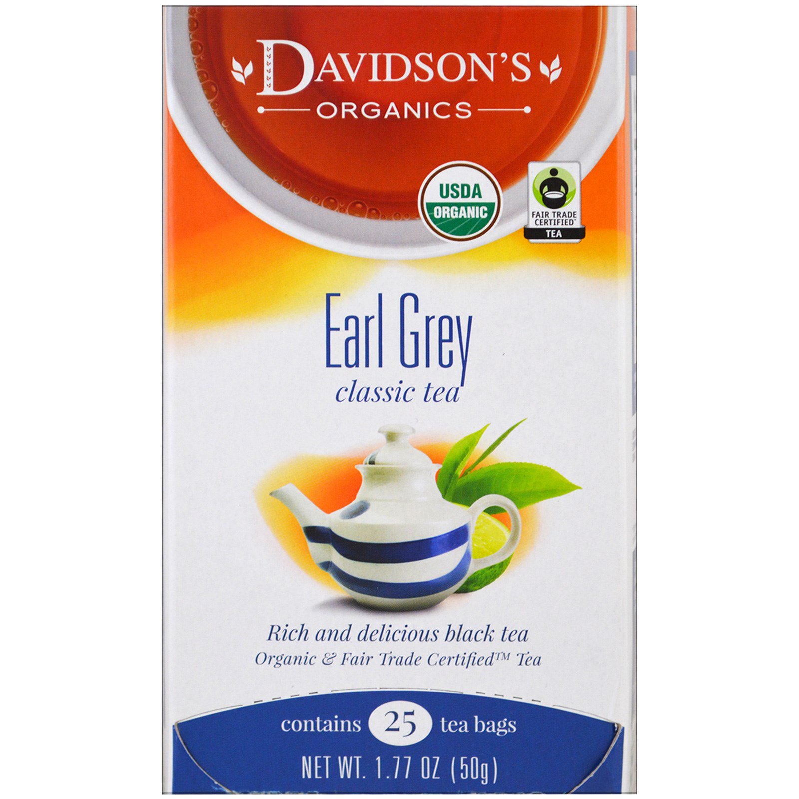Davidson's Tea, Orgânico, Earl Grey Classic Tea, 25 sacos de chá, 1.77 oz (50 g)