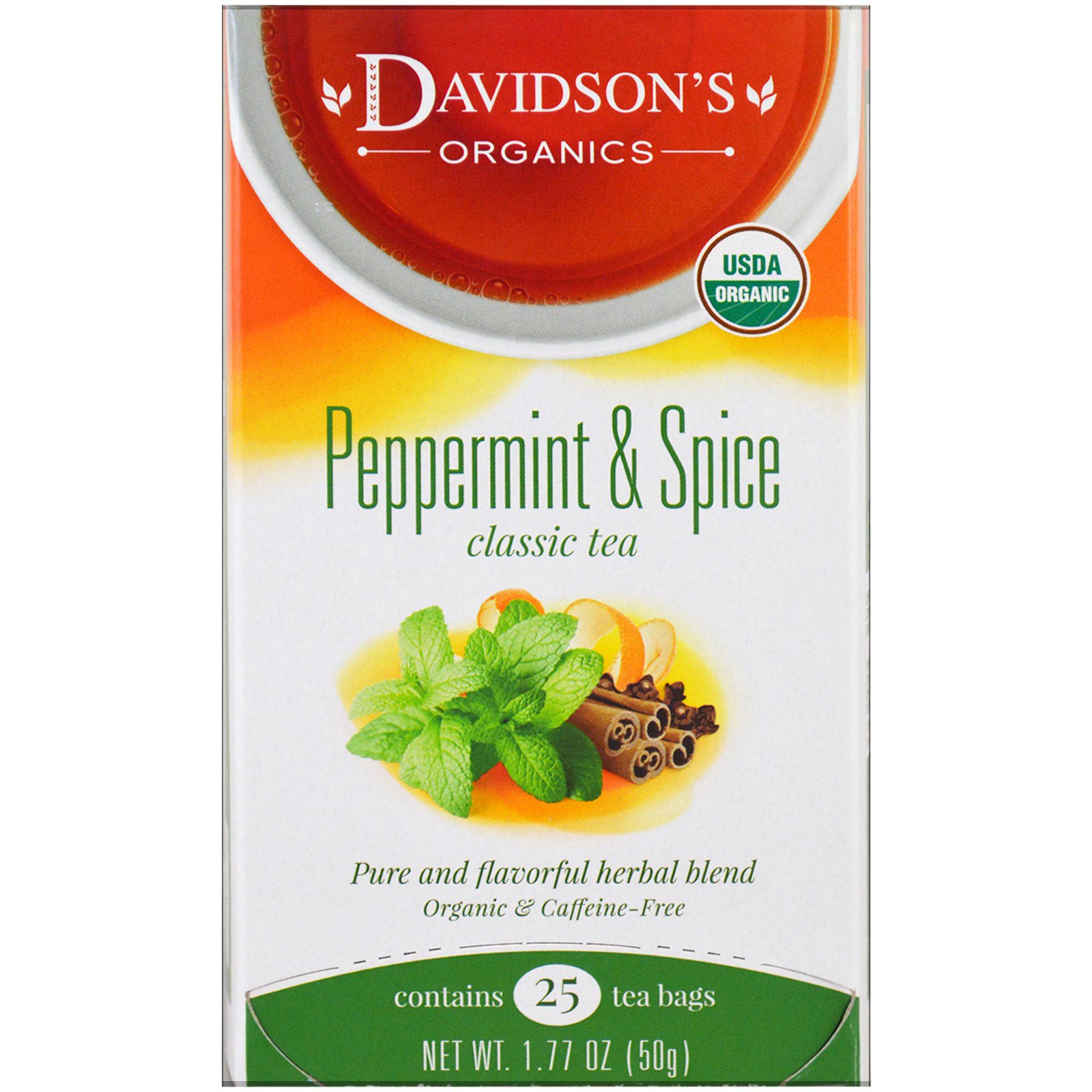 Davidson's Tea, Orgânico, Menta e especiarias, Chá clássico, sem cafeína, 25 sacos de chá, 1.77 oz (50 g)