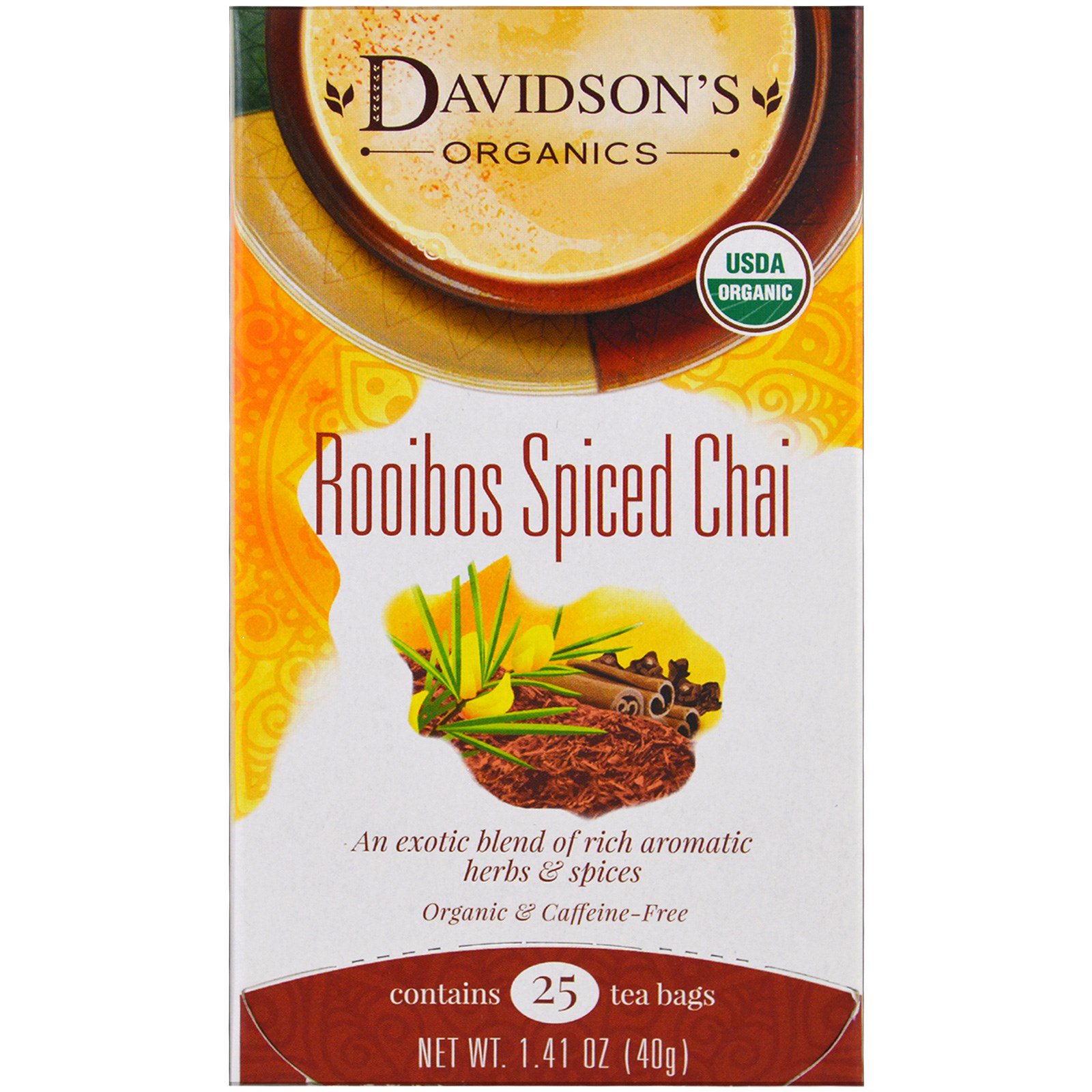 Davidson's Tea, Orgânico, Chai de Rooibos com Especiarias, Sem Cafeína, 25 Saquinhos, 40 g