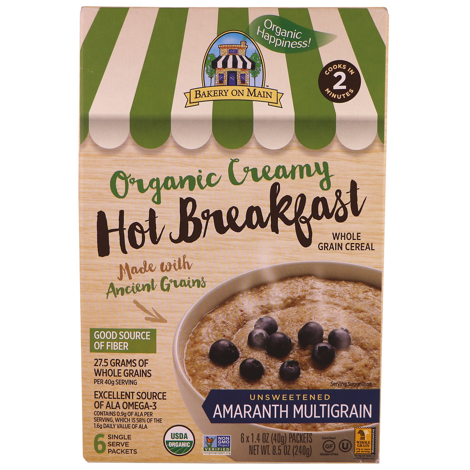 Bakery On Main, Organic, Creamy Hot Breakfast, Unsweetened Amaranth Multigrain, 6 Pack, 1.4 oz (40 g) Each